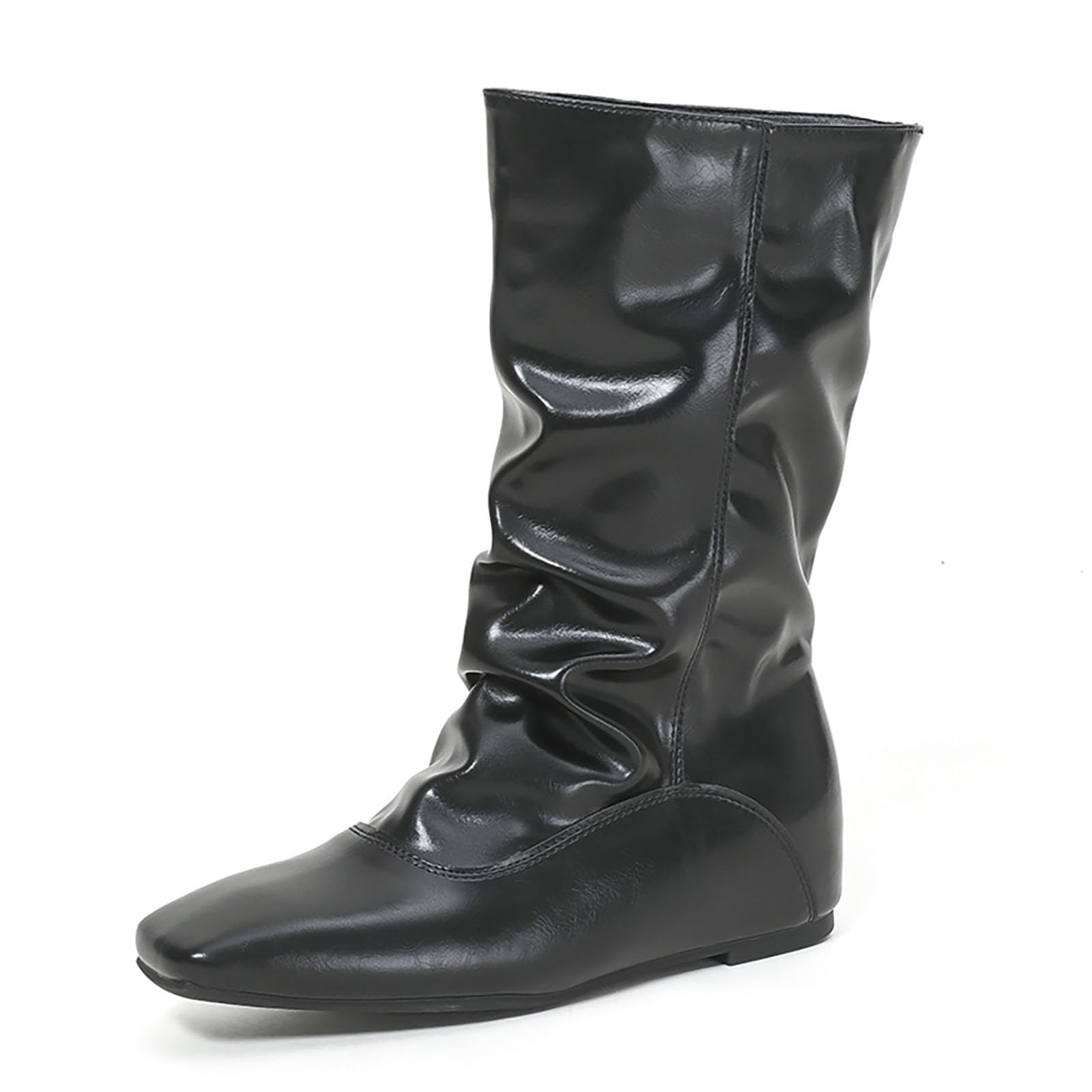 Womens Soft Leather Flat Heel Slouchy Mid Calf Boots Comfortable Square Toe Pull on Hidden Heel riding boots