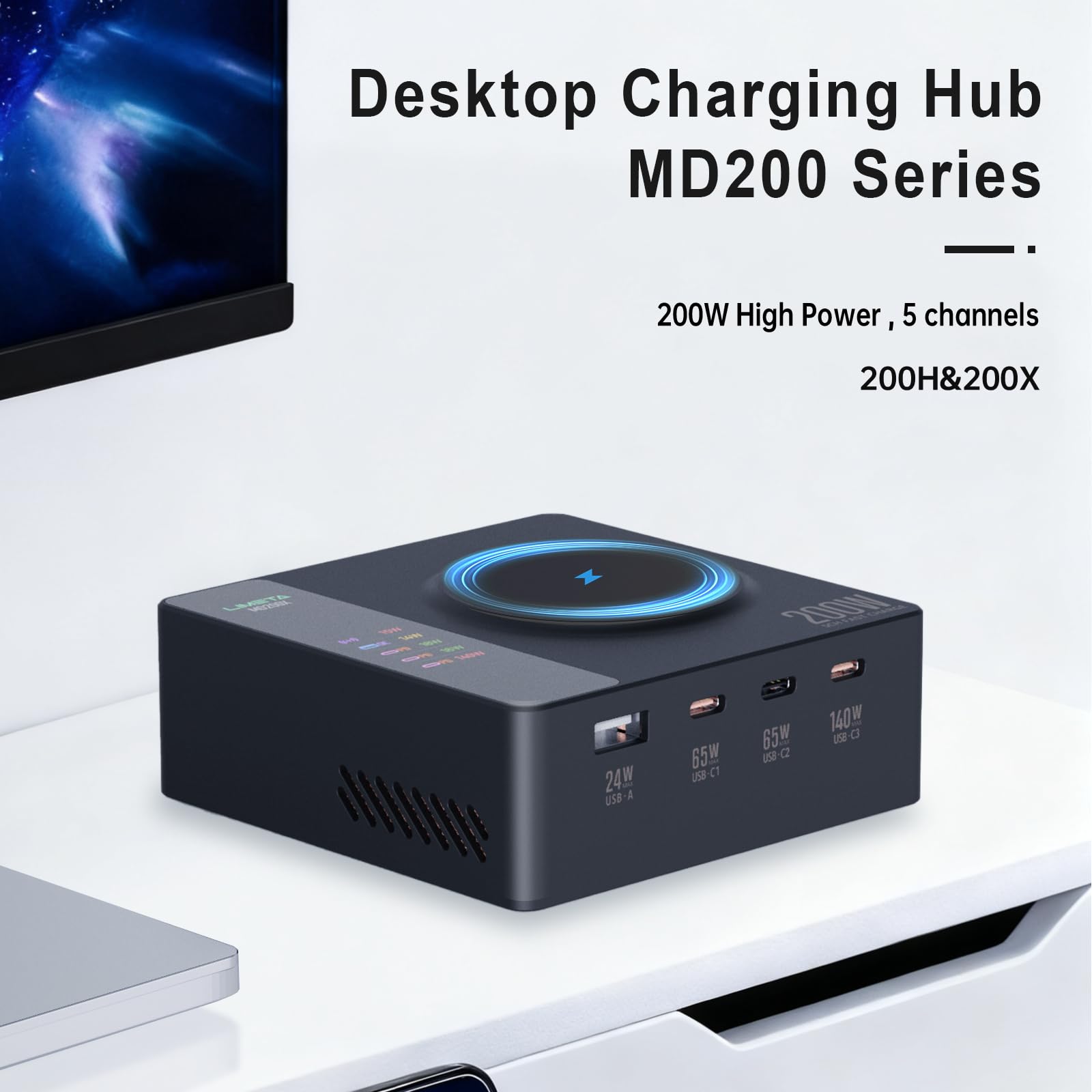 LIMETA 200W Cargador de Escritorio 5en1 - Estación de Carga con Carga Inalámbrica, Indicador de Batería, Organizador de Escritorio, USB-C & A, Cargador Rápido