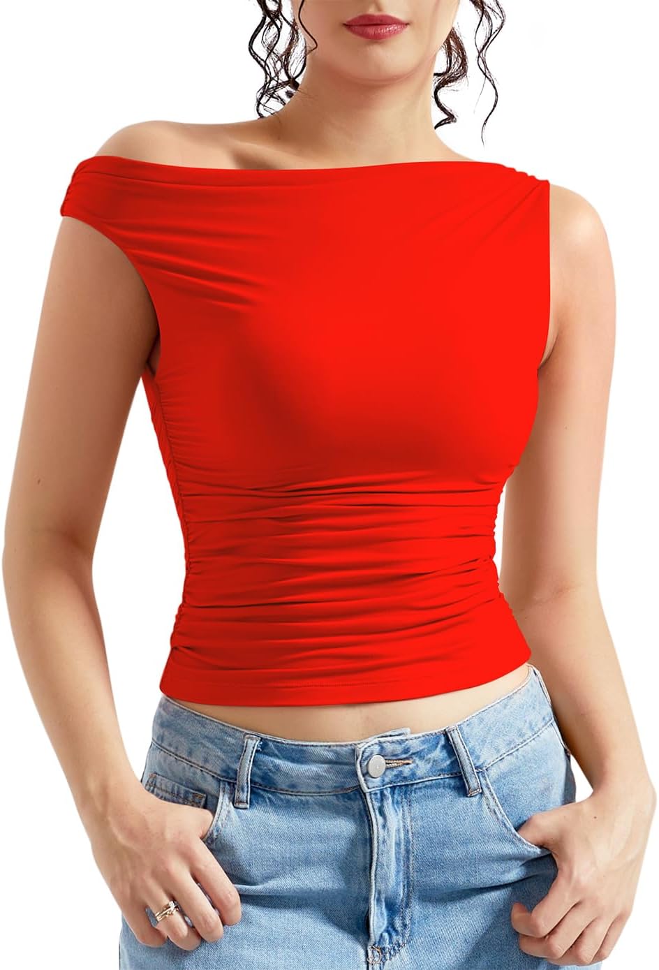 OMKAGI Women One Off Shoulder Y2K Tops Double Lined Slim Fit T Shirts Basic Tees - Image 2