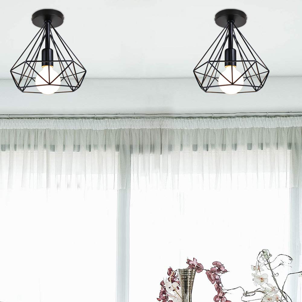 iDEGU 2 pack Plafonniers Rétro Industriel Ø20cm Luminaire Abat-jour en Metal Design Cage Diamant Lustre Lampes de Plafond pour Chambre Salon Couloir Cuisine, Noir