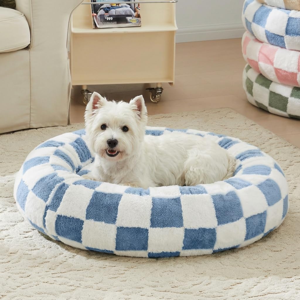 Ohocut Checkered Dog Bed, Cute Blue Retro Style Aesthetic Round Warming Pet Calming Beds for Small Dog and Cats, Plush Cozy Donut Dog Beds Washable,