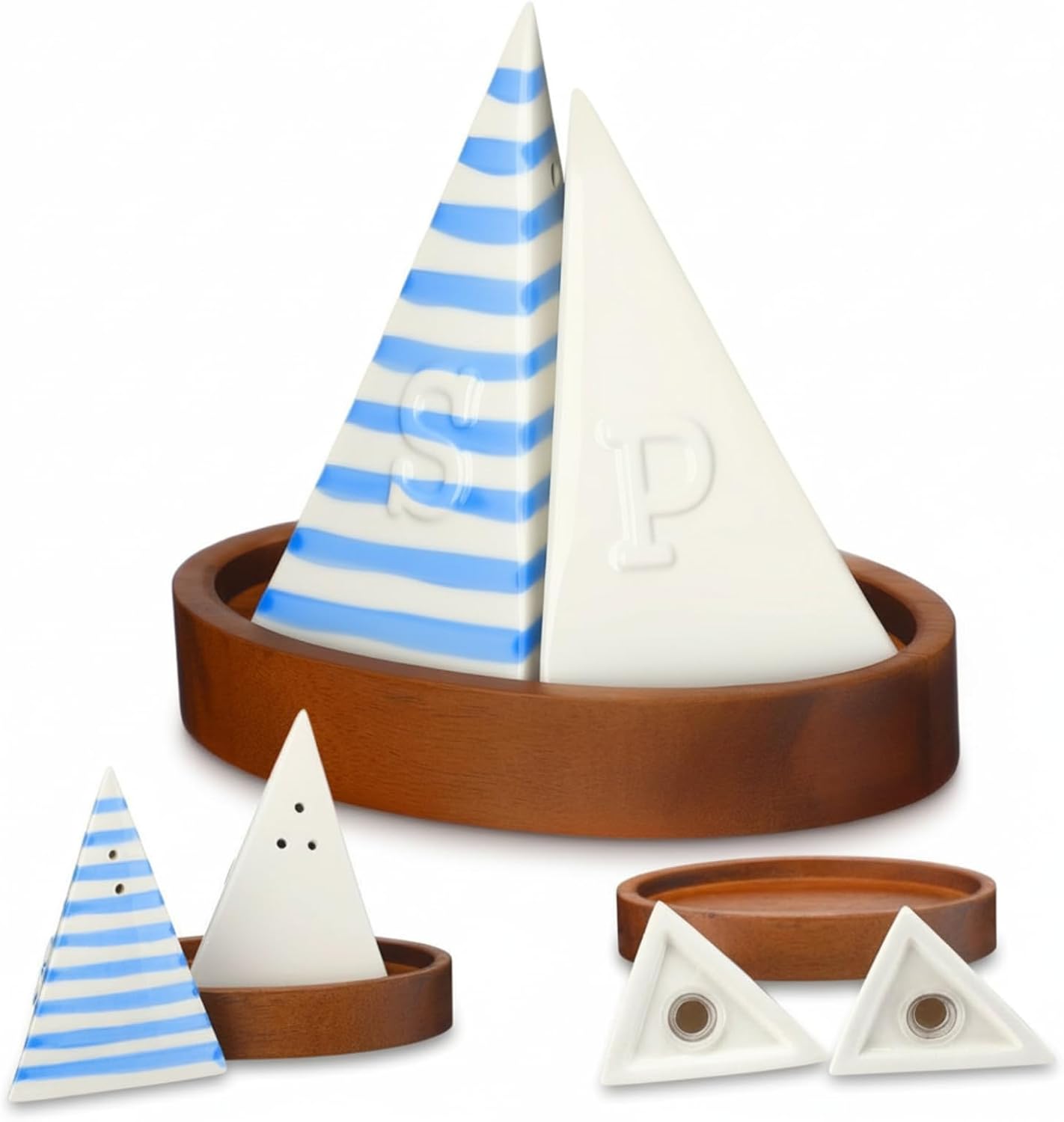 Qinyoung Ceramic Sailboat Salt and Pepper Shaker with Wooden Tray Blue White 5 Inch Kitchen Table Home Furnishings for Nautical Theme Party Summer Event