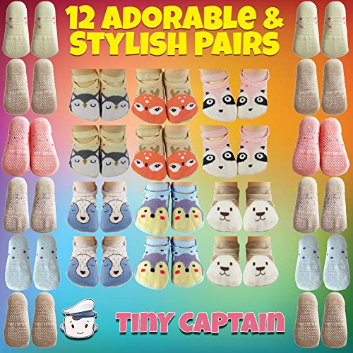 Baby Toddler Girls Strap Grip Cartoon Socks 12 Pack (1-3 Year Old, 12 Pairs)