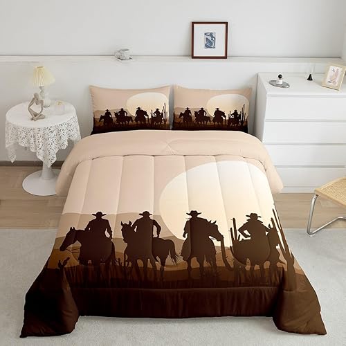 Southwest Cowboy - Juego de edredón tamaño Queen, juego de ropa de cama retro con diseño de paisaje occidental para mujeres adultas, caballo