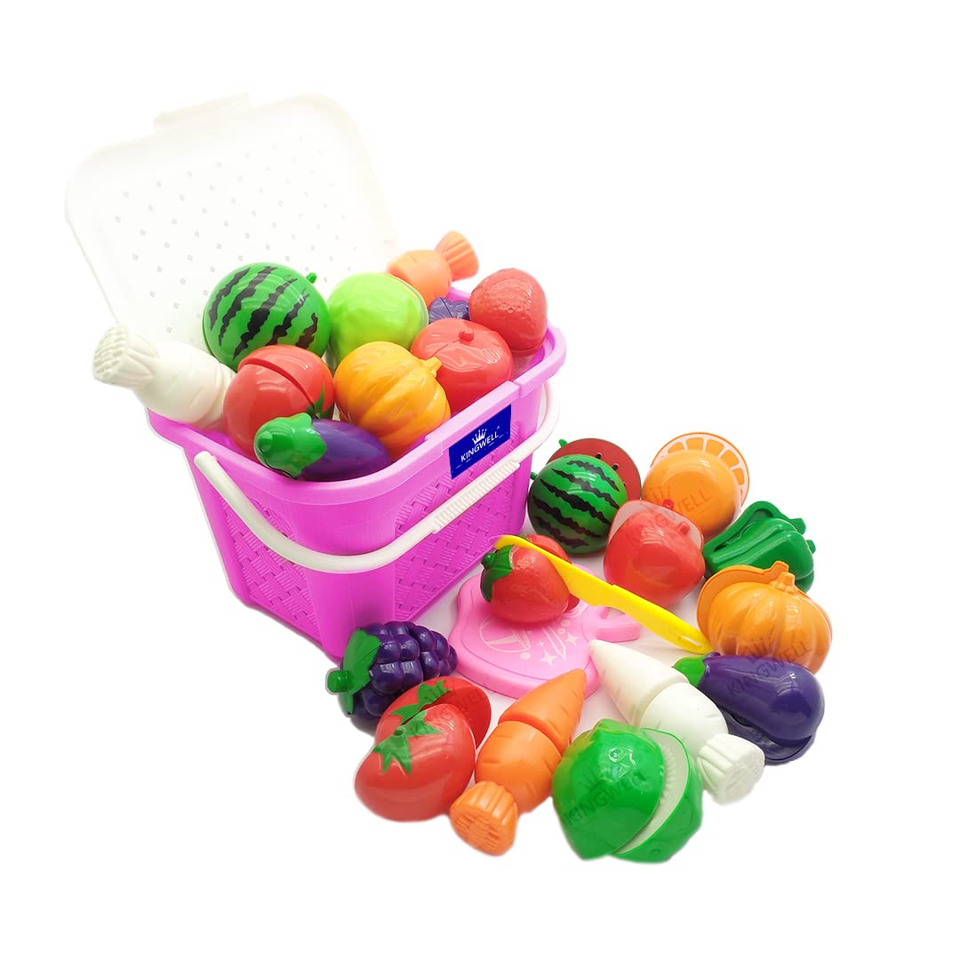 Kingwell Realistic Sliceable Cutting Fruits and Vegetables Play Educational Toys with Basket for Kids,Plastic,Pink