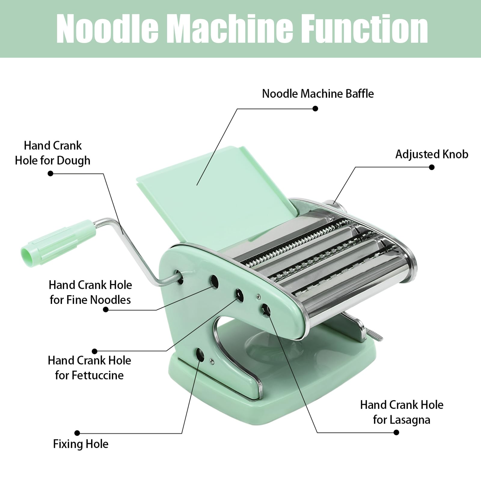 Pasta Maker Machine-6 Adjustable Thickness Settings, Adjustable Clamp, stainless steel Construction for Spaghetti, Fettuccini, Lasagna, Dumpling Skins (Green pasta maker)