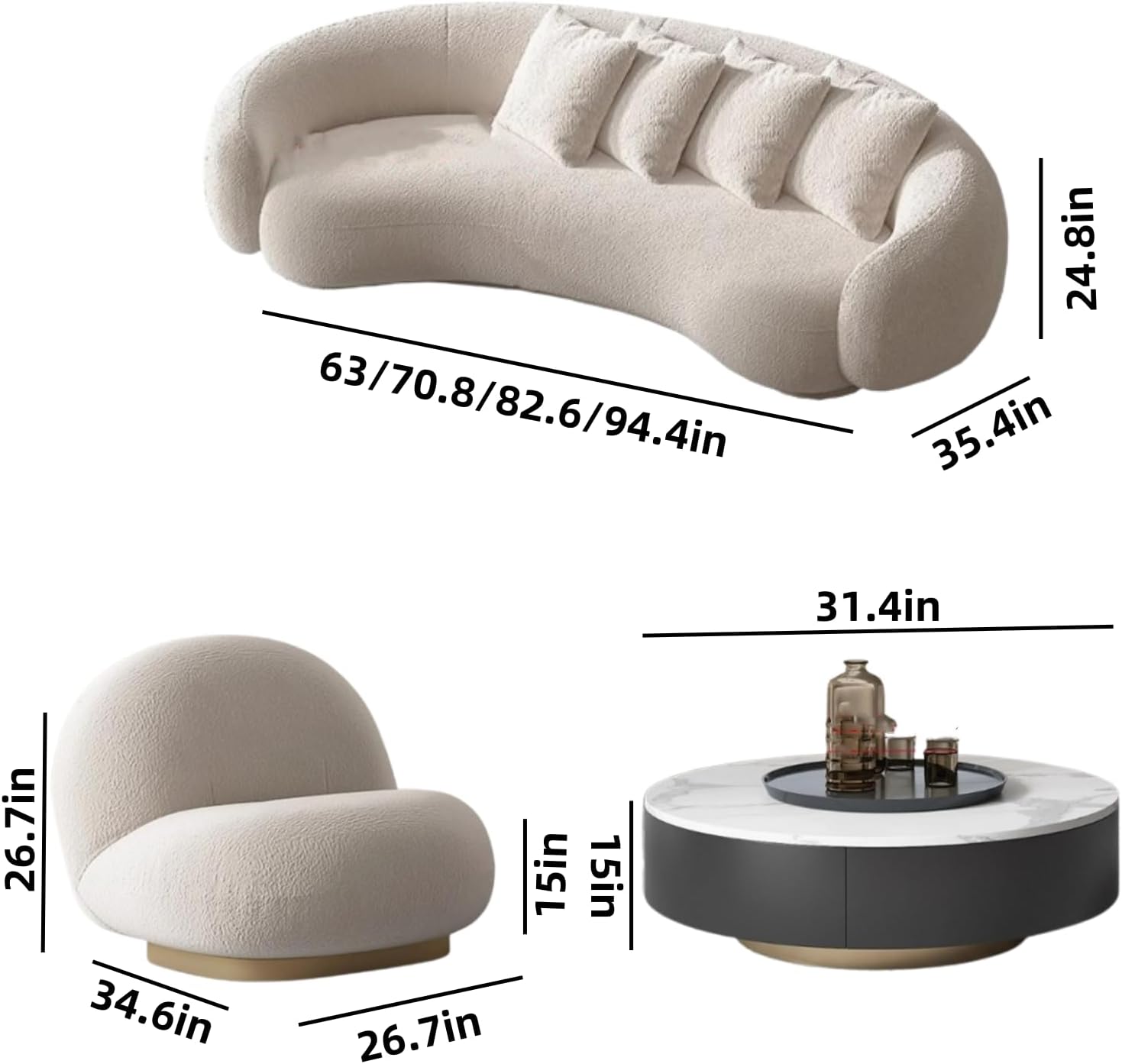 70.8IN Cream Style Living Room Sofa - Round Arc Designed Sofa Set, Modern Modular Sectional Sofa | Equipped with Slab Stone Coffee Table & 2 Compartment Sofa Chairs (Style B)