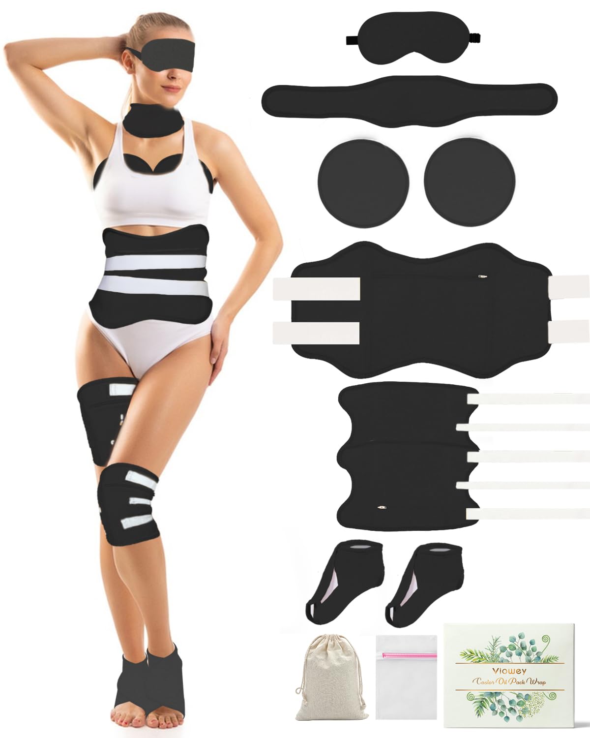 11 PCS Organic Castor Oil Pack Wrap Flannel Cotton, Castor Oil Wraps for Entire Body, Castor Oil Pads Set for Eyes Breast Waist Knees Legs Feet, Adjustable Straps, Reusable,Machine Washable (Black)