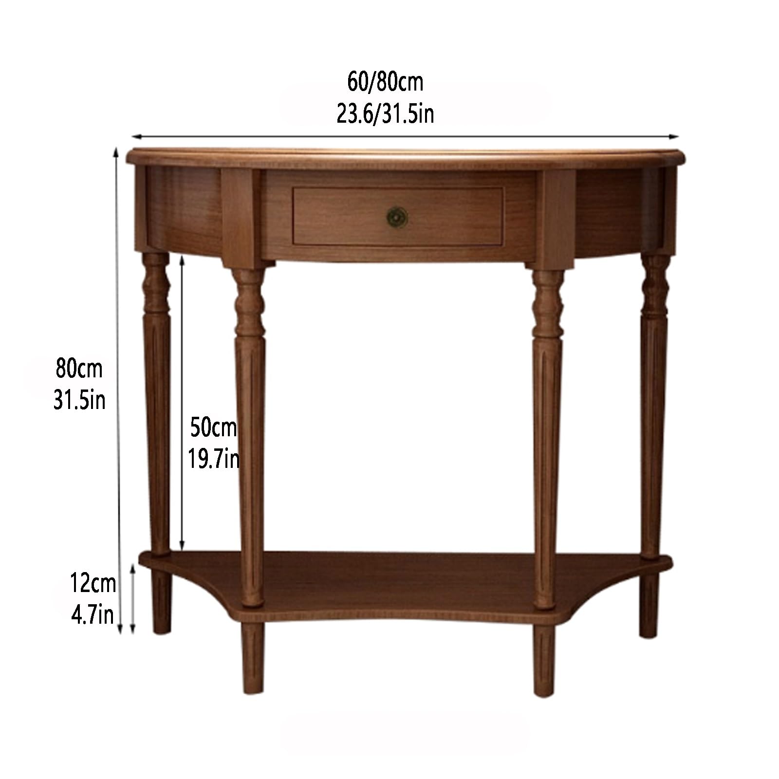 Stół konsolowy w stylu retro Half Moon z litego drewna z szufladą do przechowywania, półokrągły design, do salonu, zaokrąglone rogi, wiśniowe wykończenie, 80 x 35 x 80 cm