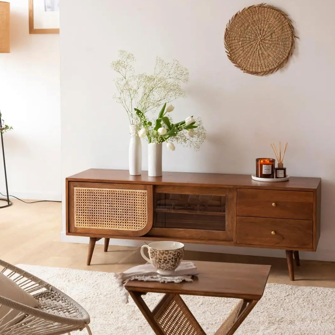 Mid-Century Modern TV Stand with Rattan Door, Natural Oak Wood, 140x50x40 cm, Glass Panel, 2 Drawers, Rectangular Storage Cabinet-image-10