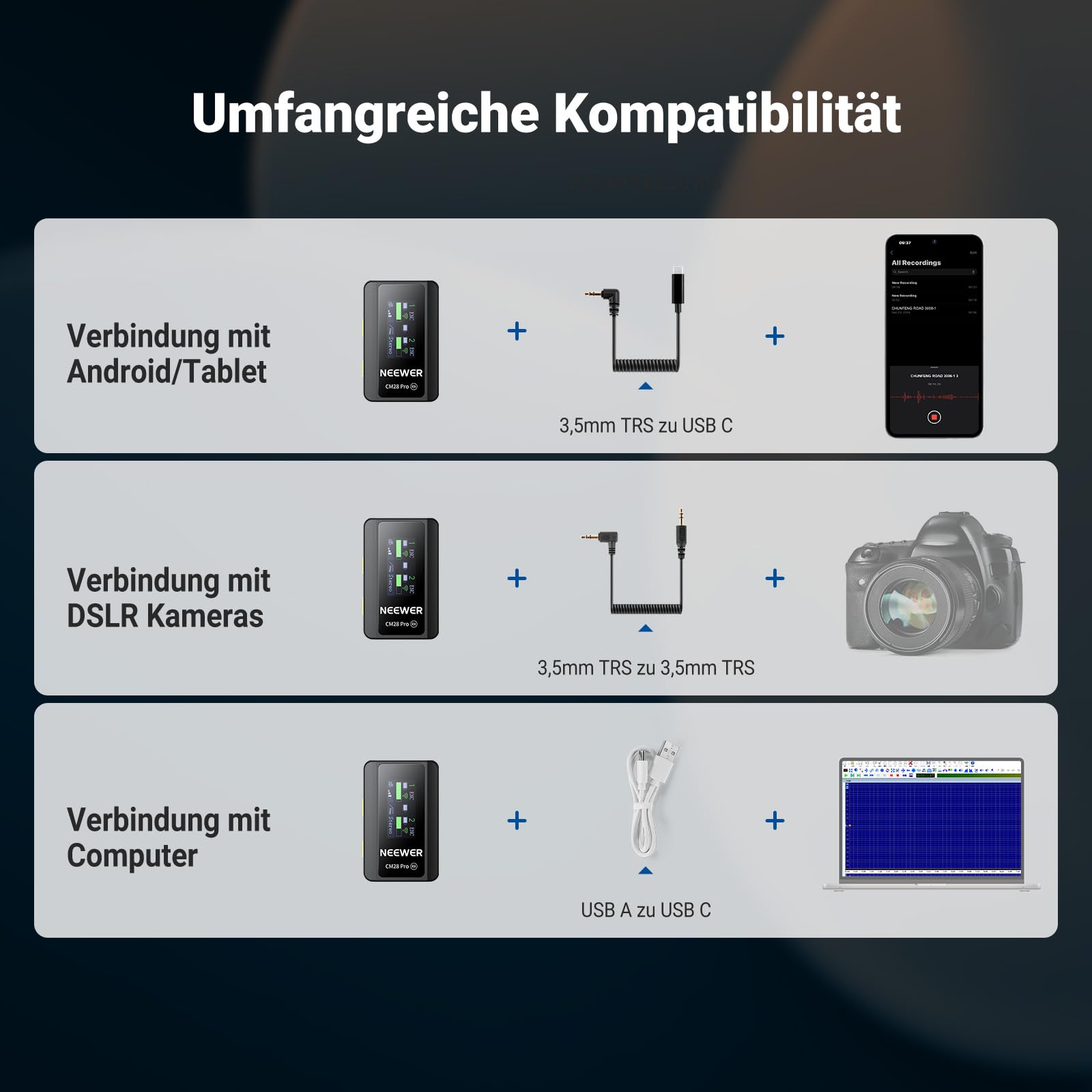 NEEWER CM28 PRO drahtloses Lavalier Mikrofon + Ladecase, Geräuschunterdrückung, 9 Stunden Aufnahmezeit, 4GB Speicher, Mini Ansteckmikrofon, kompatibel mit USB C iPhone iPad Android Kameras PCs Laptops