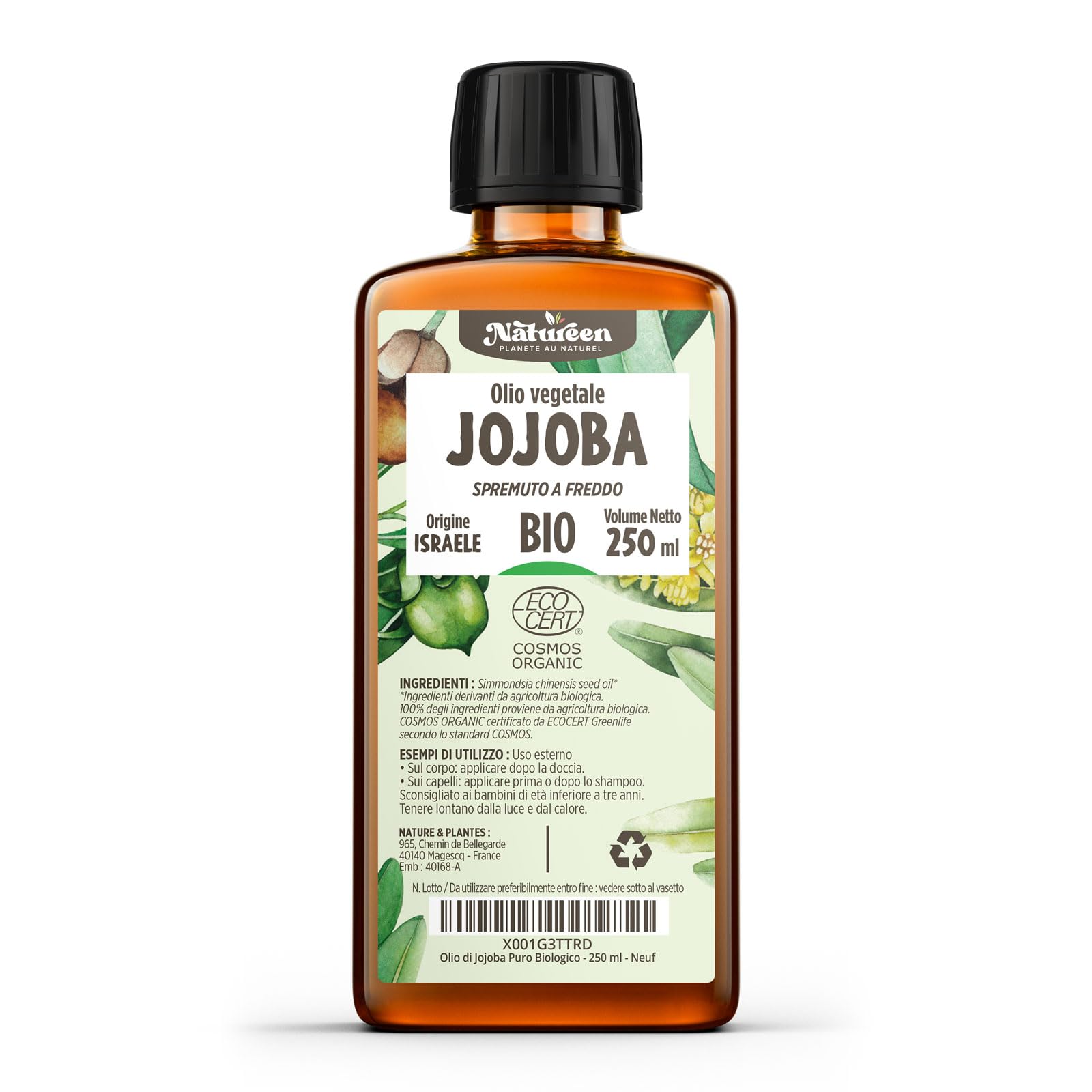 Olio di Jojoba Puro Biologico 250 ml - 100% Puro, Naturale, Pressato a Freddo - Biologico certificato da Ecocert