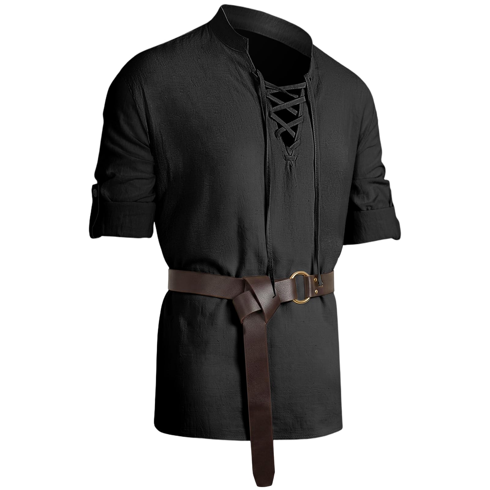 BSBUY Men's Medieval Shirt with Belt Retro Lace-Up Top Medieval Vintage Costume for Renaissance Pirate Viking Medieval(Black-XL)