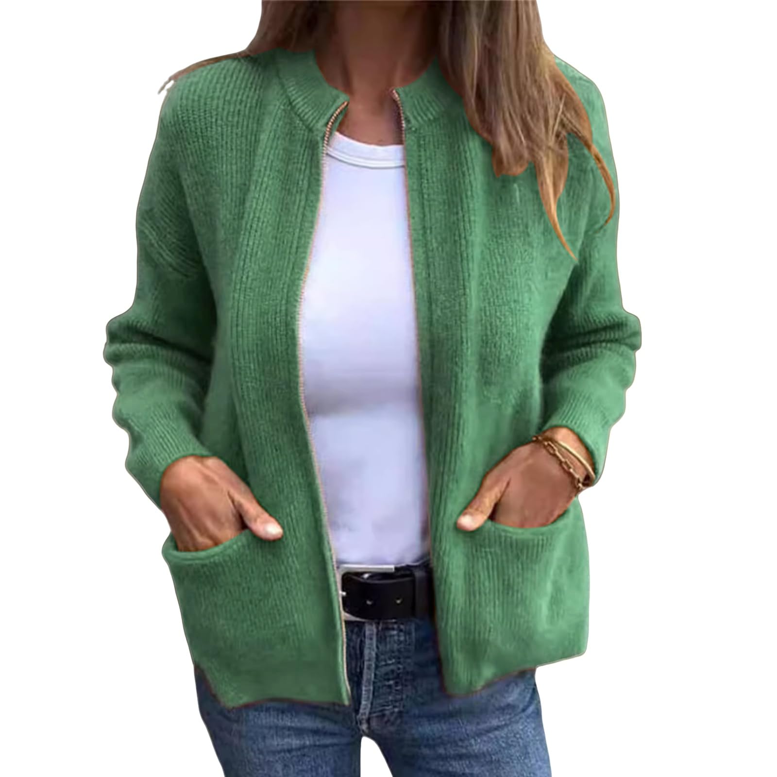 Womens Round Neck Zipper Knitted Jacket Zip Up Sweaters Long Sleeve Casual Loose Outwear with Pockets