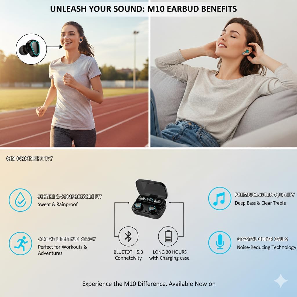 Diagram illustrating touch control functions on the M10 TWS Earbuds