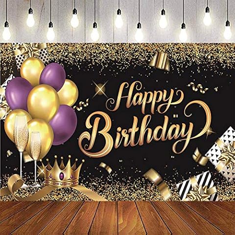 Happy birthday background banner black purple gold balloon poly crown logo poster photo booth background 70.8 x 45.2 inches for men and women, boys, men, girls, ladies birthday party decoration Cover