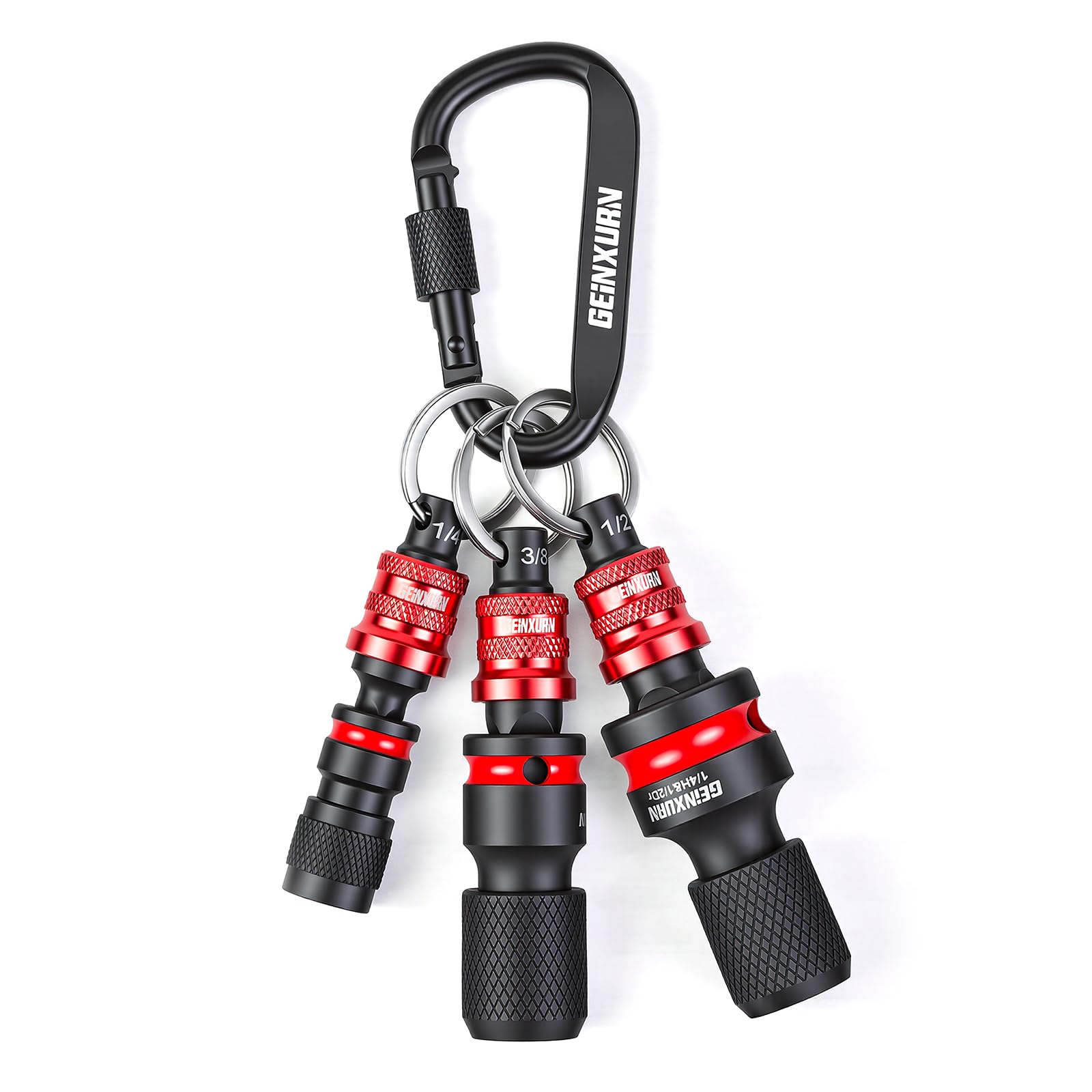 Geinxurn Socket Holder Keychain, 6Pcs 1/4" 3/8" 1/2" Drive Quick Release & Quick Change Socket Set Organizer with Square Drive Socket Adapter for Lineman, Electricians, Construction Crews Outdoor Work