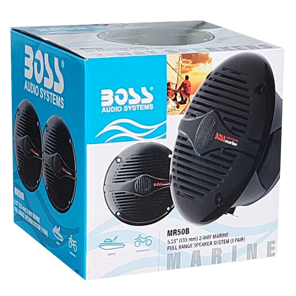 KIT-Set FÜR BOSS Audio Systems MR50B 2 Schwarze 2-Wege-Marinelautsprecher 5,25" 13,5 cm 135 mm, 75 Watt rms 150 Watt max, wasserdicht, Meer, Schwimmbad, Boot, Hotel, pro Paar + kostenloses Zubehör