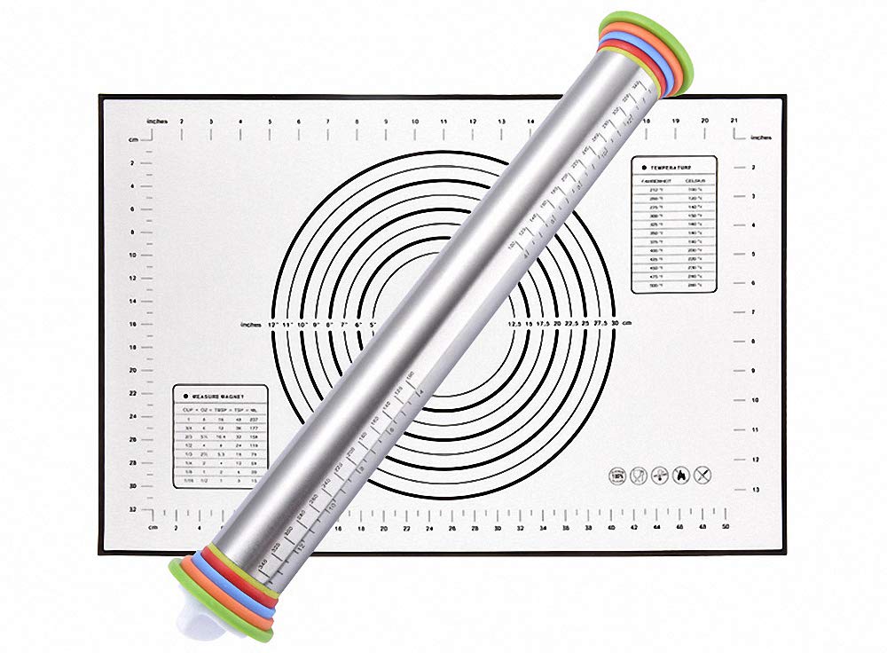 Rouleau à pâtisserie et tapis de pâtisserie en silicone Set Rouleau de pâte en acier inoxydable avec anneaux d'épaisseur réglables pour la cuisson