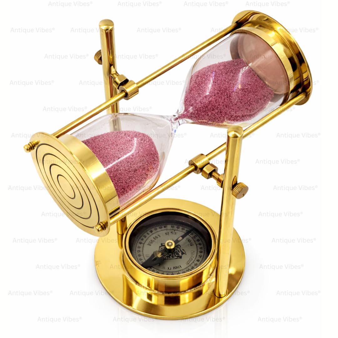 Antique Vibes Brass Sand Hourglass with Compass Base, Gold Finish, Pink Sand, Nautical Decorative Timer - 5 Minute