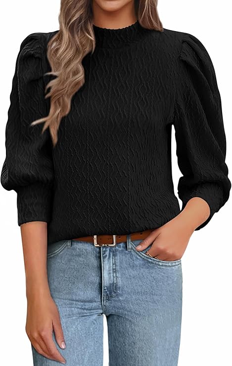 PRETTYGARDEN Womens Puff 3/4 Sleeve Tops 2025 Trendy Spring Summer Mock Neck Texture Knit T Shirts Work Casual Dressy Blouses