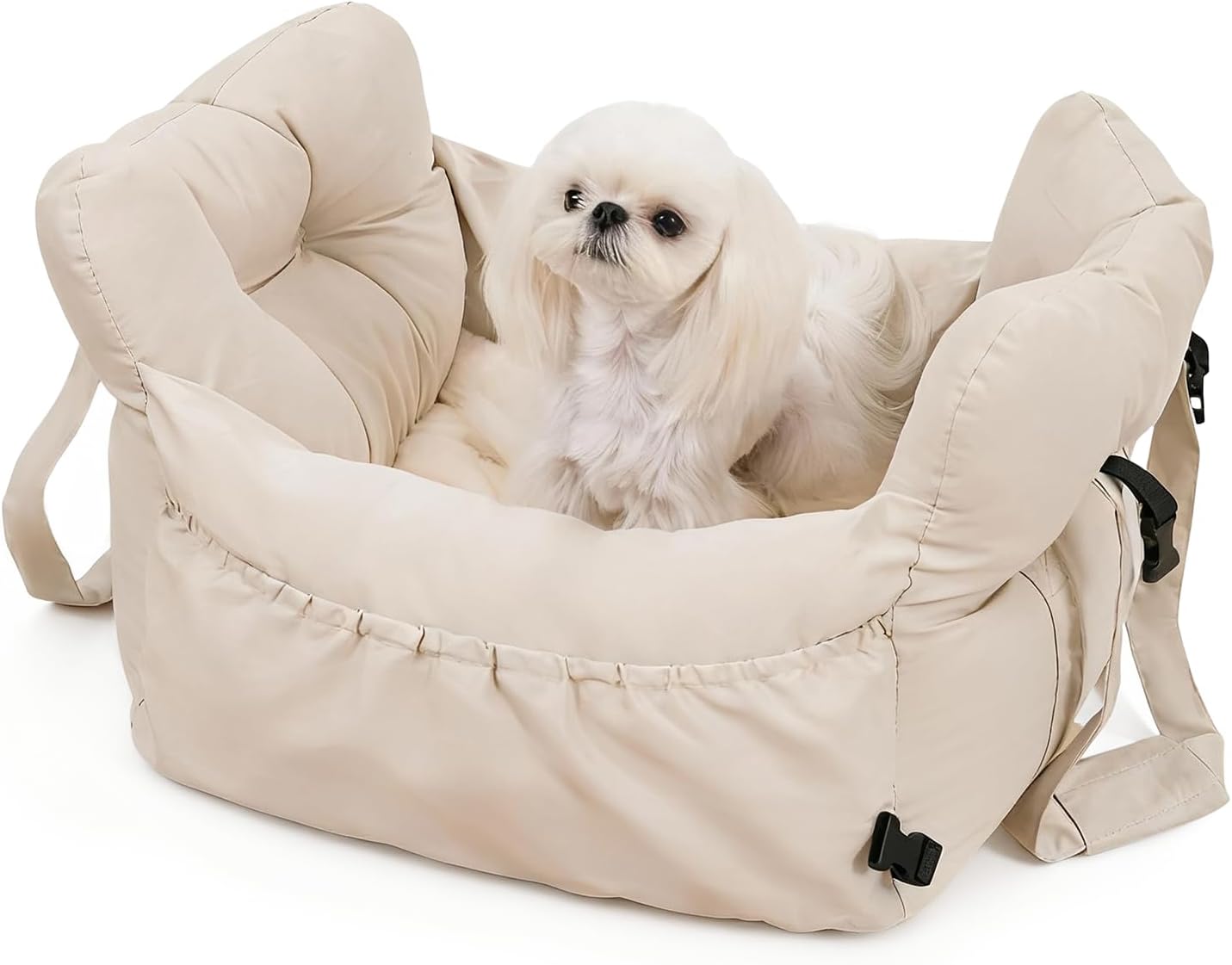 Dog Car Seat Booster with 3-Way Mount & Anti-Escape Safety Tether - 3-in-1 Pet Drive Box, Bed & Carrier - Waterproof Machine Washable - for Small Medium Dogs & Cats up to 26lbs (Beige)