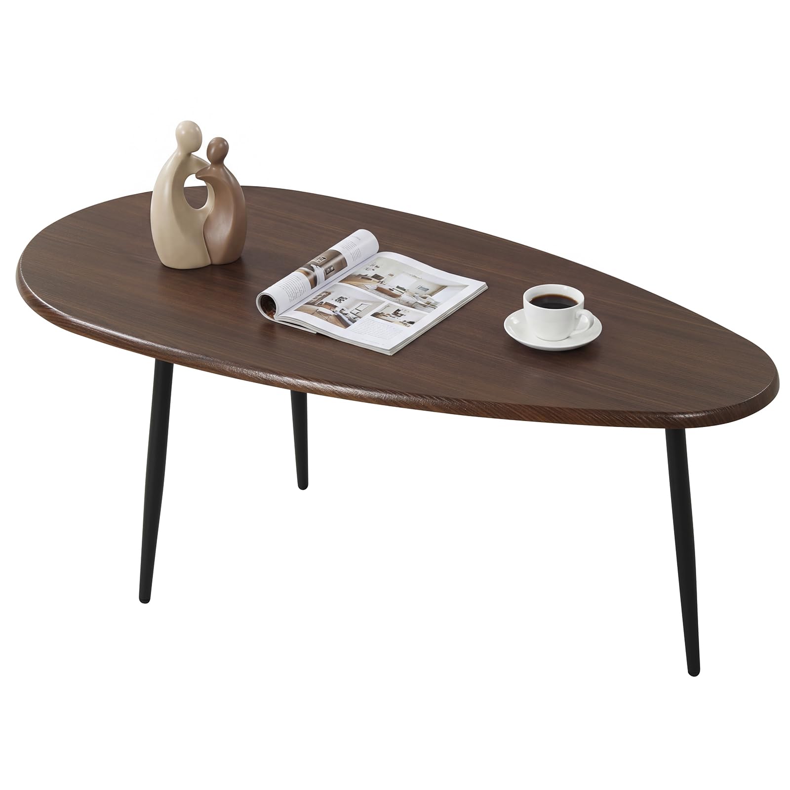 COSTWAY Mesa de Centro Ovalada, Mesita Central con Construcción Metálica Resistente y Diseño Compacto para Sofá, Mesita Auxiliar para Salon, Oficina, Mesita de Café, 108 x 56 x 44 cm (Nogal)