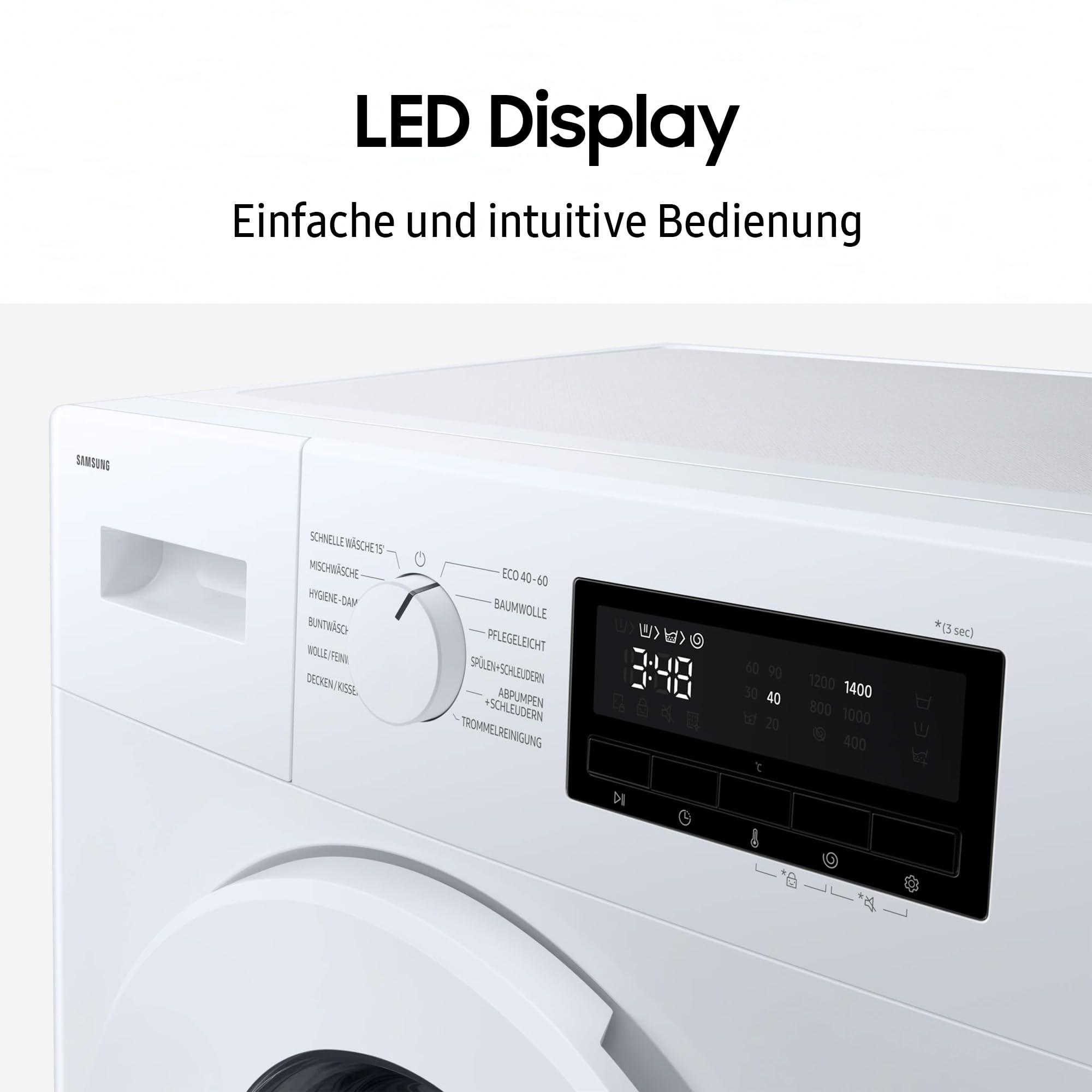 Samsung WW90FG3M05TWEG Waschmaschine, 9 kg, EEK: A, Hygiene-Dampfprogramm, Schnelle Wäsche 15', Trommelreinigung, Weiß