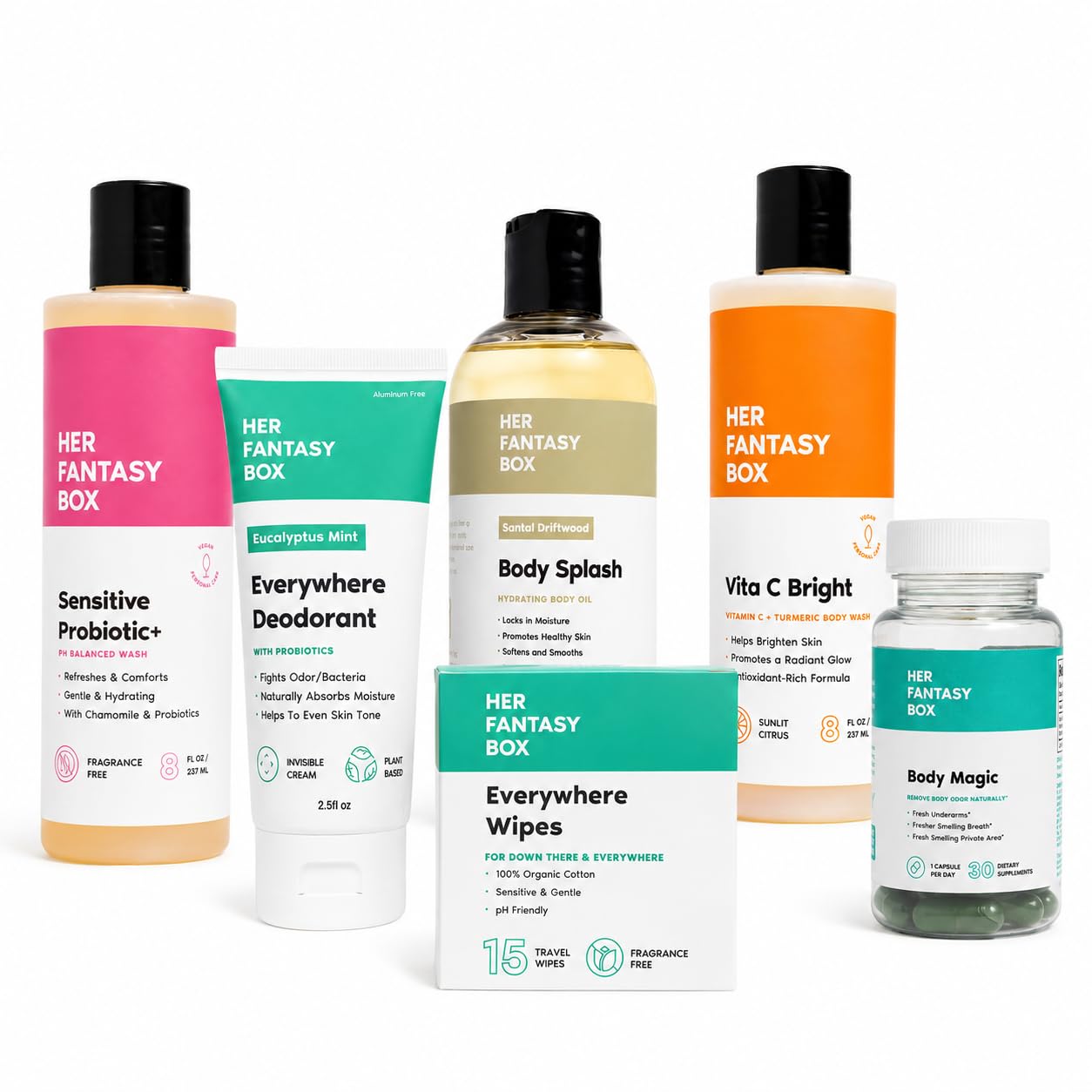 Her Fantasy Box | Fresh at Work Set – Turmeric Body Wash, Sensitive Probiotic Wash, Mint Deodorant, Chlorophyll Capsules, Santal Driftwood Body Oil & Wipes