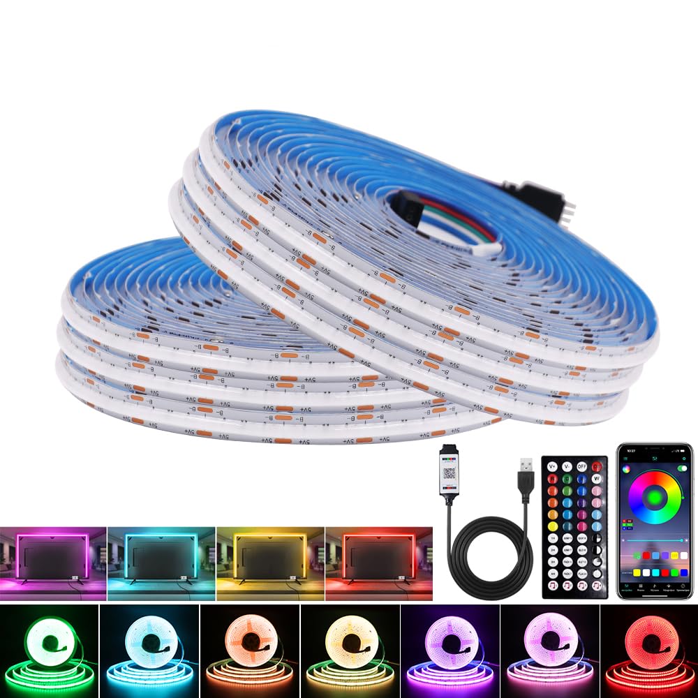 5V RGB Ruban LED COB, 576 Leds/m Dimmable Bande LED avec Contrôle vocal USB Bluetooth App 44 Keys Contrôleur Non Etanche IP21 bande lumineuse pour chambre, bar, TV, cuisine, fête.