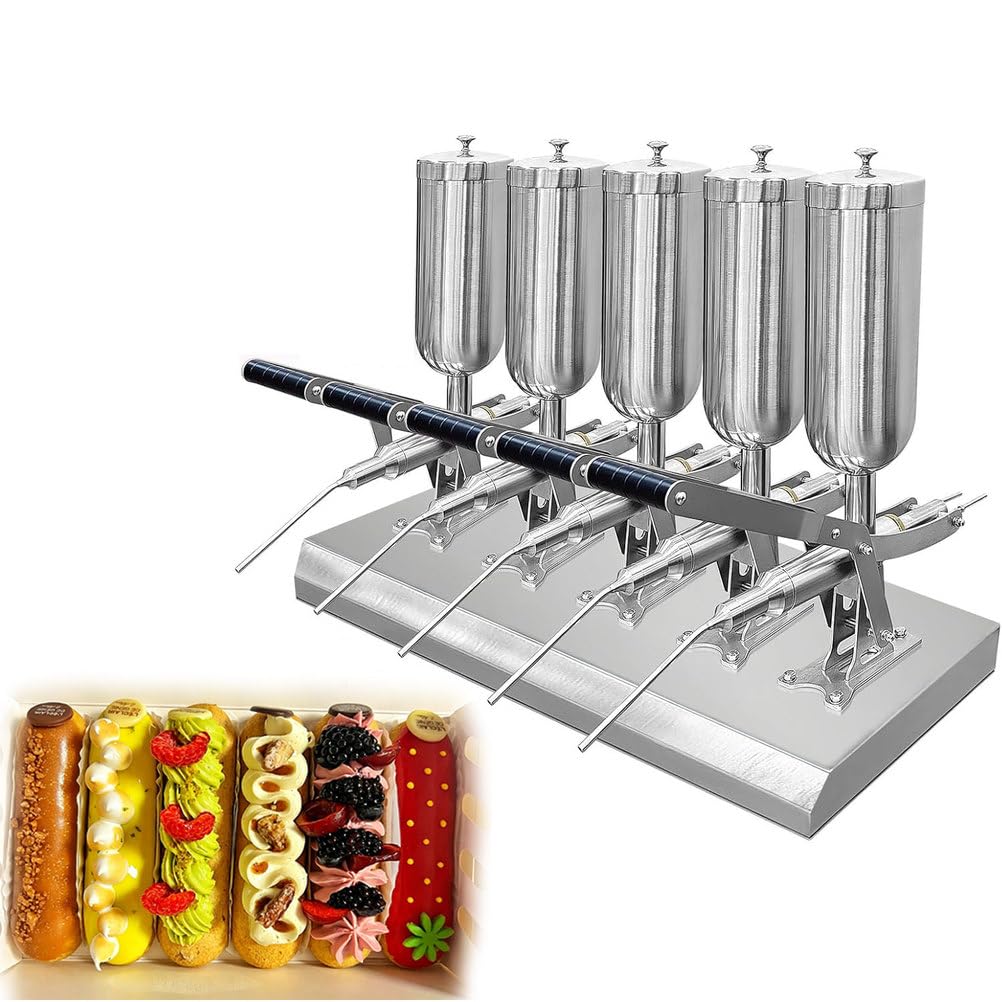 Rnqz One Color Manual Donut Filling Machine,Stainless Steel Jam Filler,Capacity:5l/Hopper,Five Heads With 3Pcs Short Nozzles Per Each Head For Bakeries, Dessert Shops & Home Use