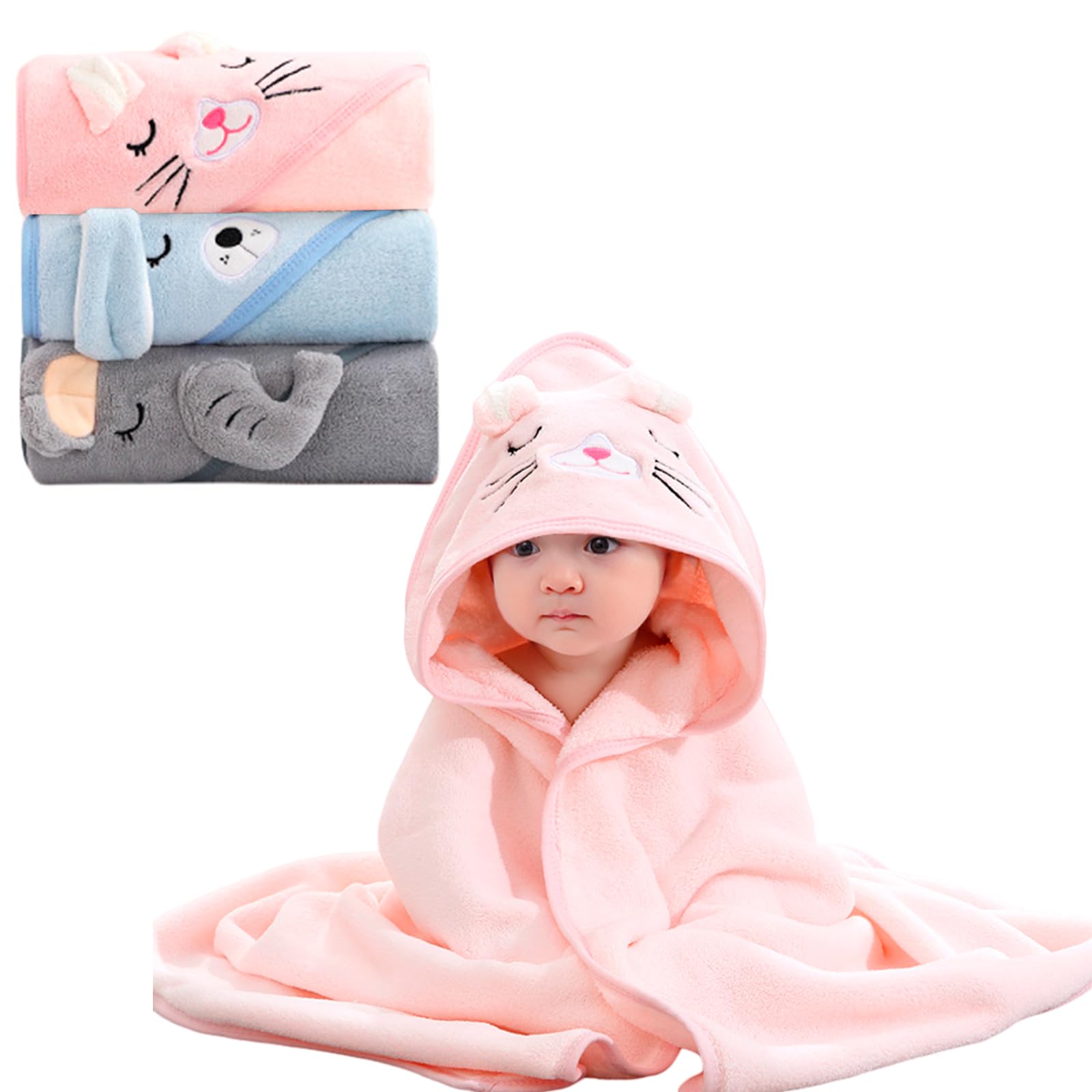 Lot de 3 serviettes à capuche : 80 x 80 cm Serviette bébé avec capuche, serviette de bain douce et super absorbante, poncho de bain unisexe