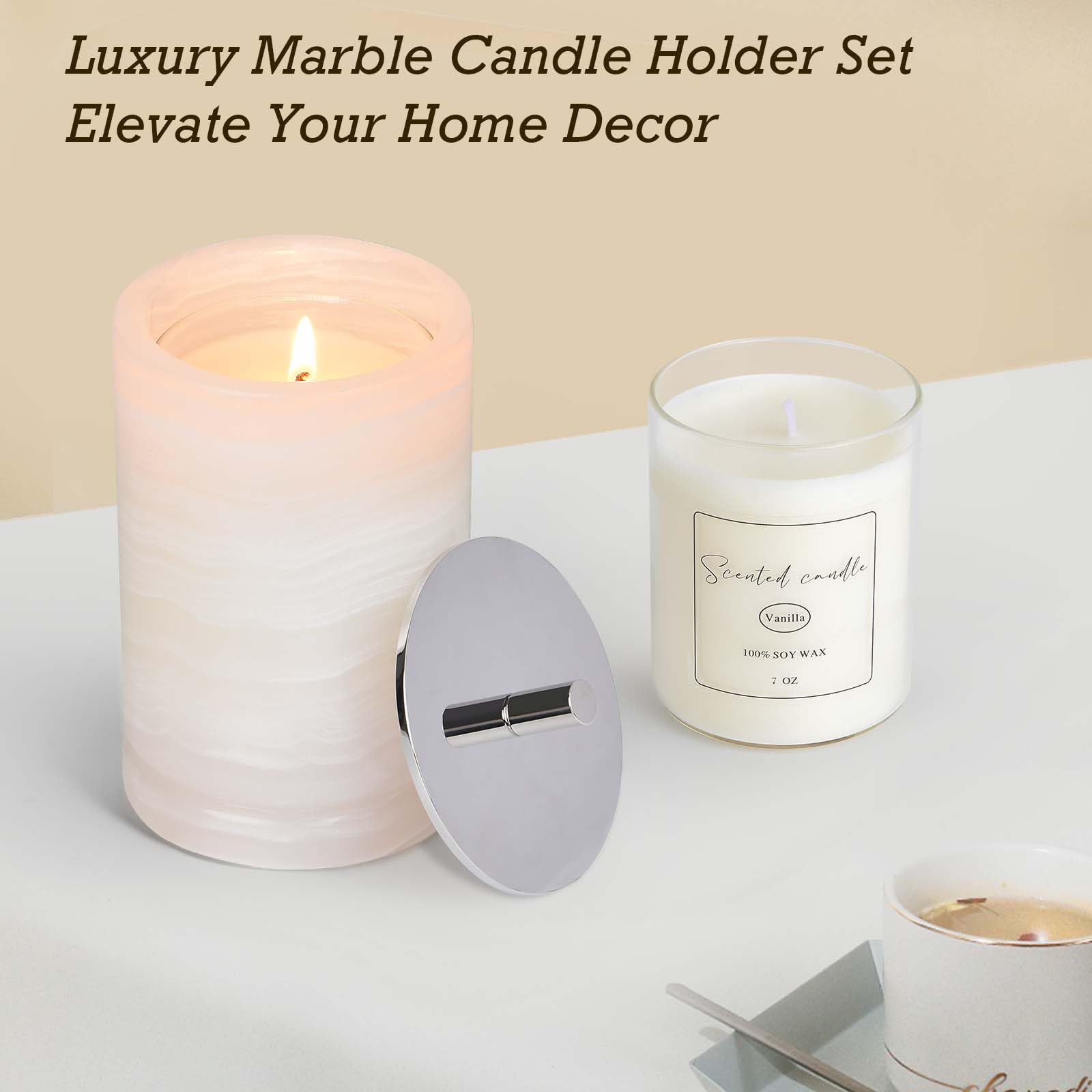 Natural Marble Candle Holder Set with 2 Scented Candles (Lemon & Vanilla) Alabaster Candlestick Holder with Jar Candles for Home Decor Dinning Wedding Party Table Centerpiece