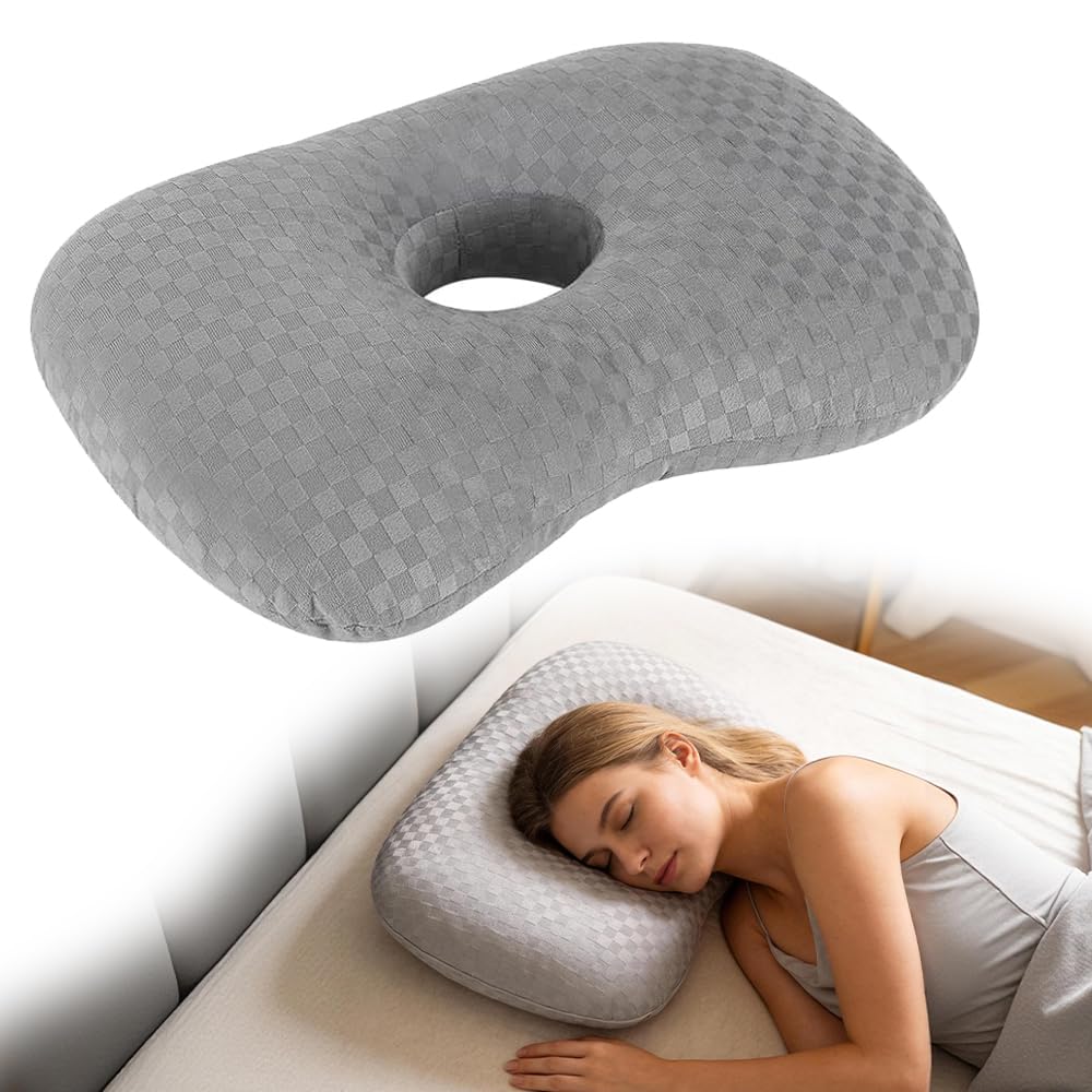 Afenau Ear Pillow with Hole, Cotton Ear Piercing Pillow with Zipper, Washable Pillow with Hole for Ear, Piercing Pillow for Side Sleepers for Ear Pain Ear Inflammation Pressure Sores (Gray)