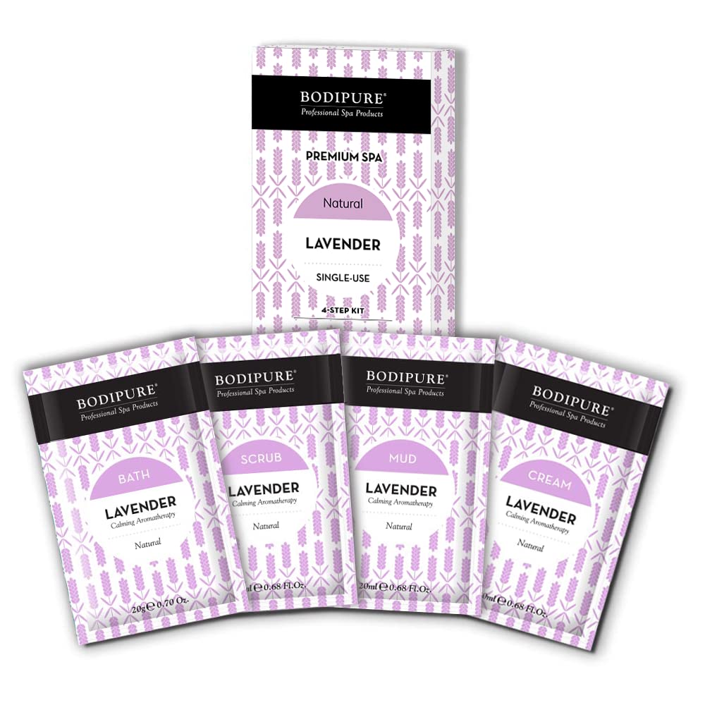BODIPURE Professional Salon & At-Home Premium 4 Step Lavender Spa Kit, Skin Soothing, and Moisturizing Pedicure Treatment consists of Bath, Scrub, Mud, & Cream 24 Packs