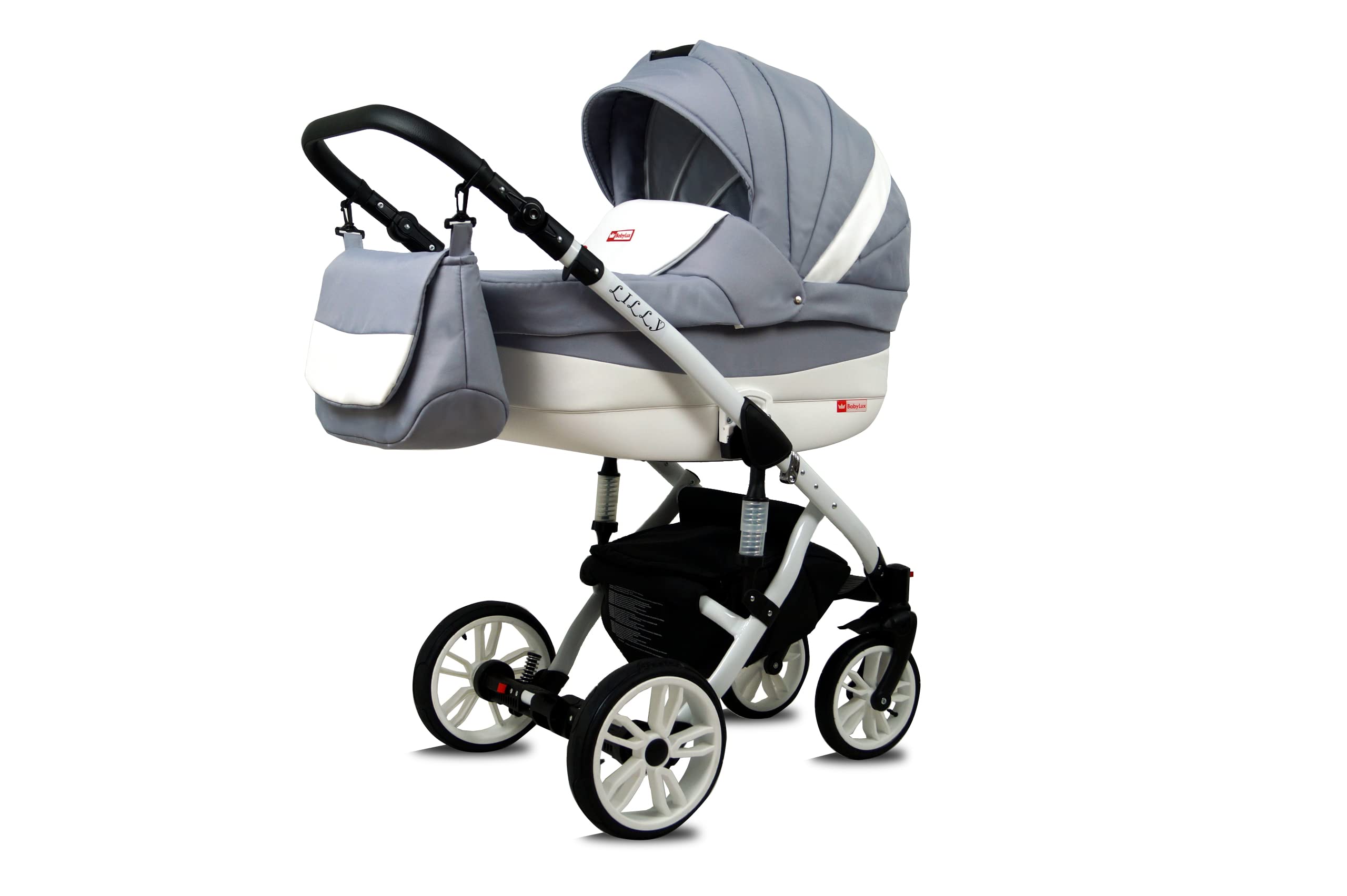 BabyLux Lilly 3 w 1 System Podróżny dla Dziecka | Wóżek + Spacerówka + Fotel Samochodowy z Akcesoriami, Folia Przeciwdeszczowa, Skrętne Koła Żelowe | Srebro