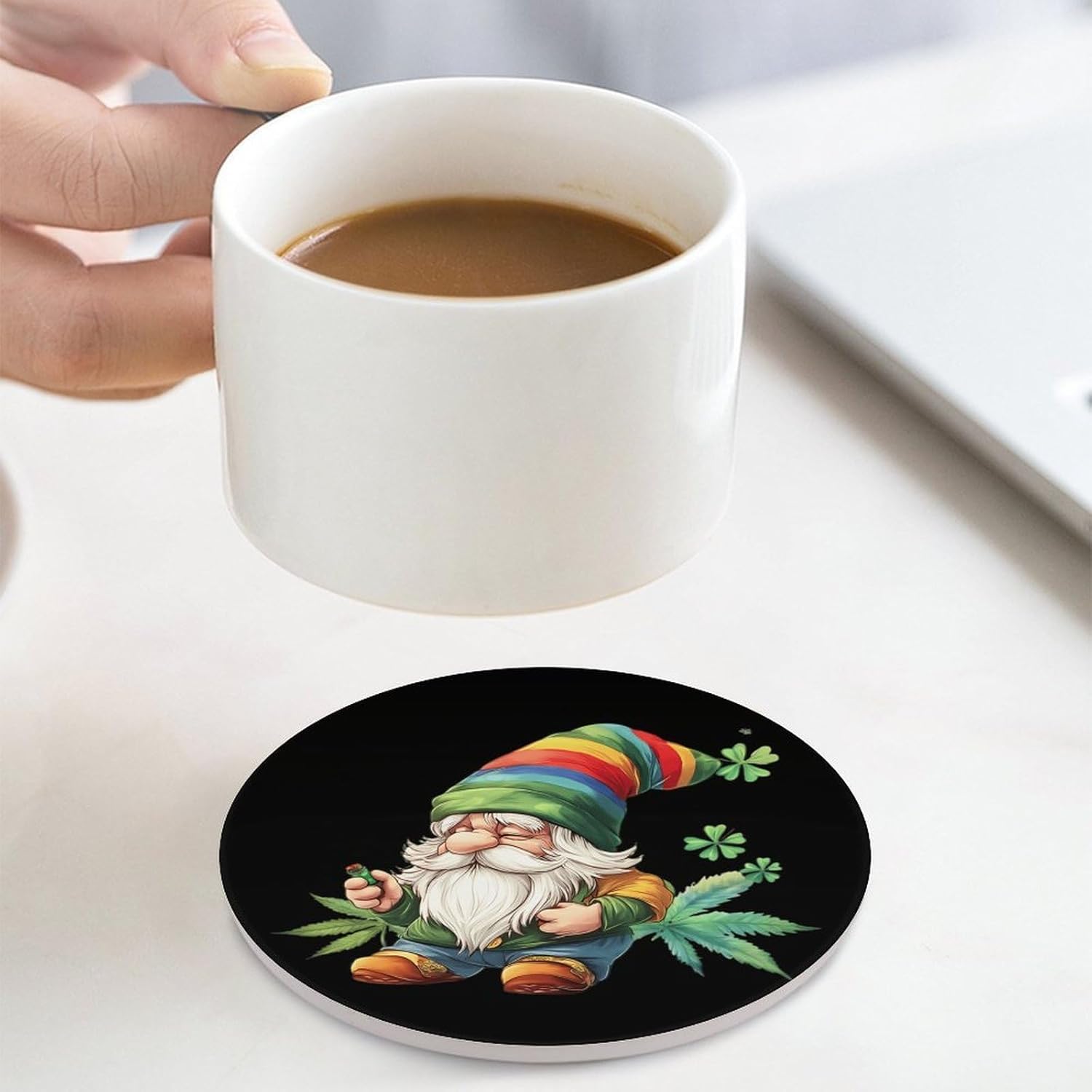 St. Patricks Day Gnome Weed Round Ceramic Coasters for Drinks Absorbent Cup Holder Tabletop Protector with Cork Base