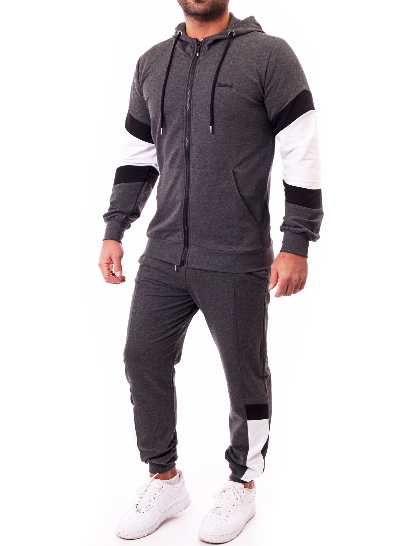 Reslad RS-5087 - Tuta sportiva da uomo, per il tempo libero, pantaloni da jogging + felpa con cappuccio con zip
