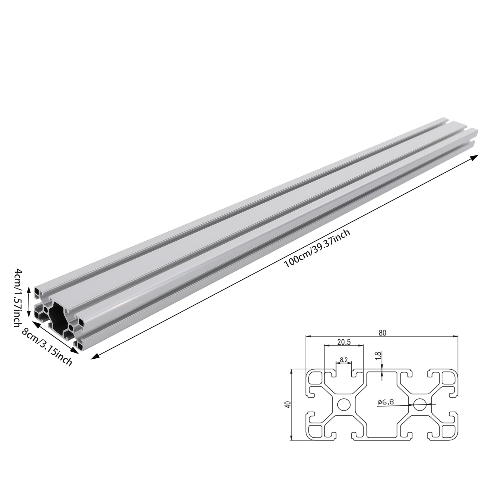 Juego de 2 perfiles de aluminio con ranura en T, 100 x 8 x 4 cm, perfil de extrusión de aluminio 6063, plateado para impresoras 3D, máquinas CNC, construcción de muebles y proyectos de bricolaje