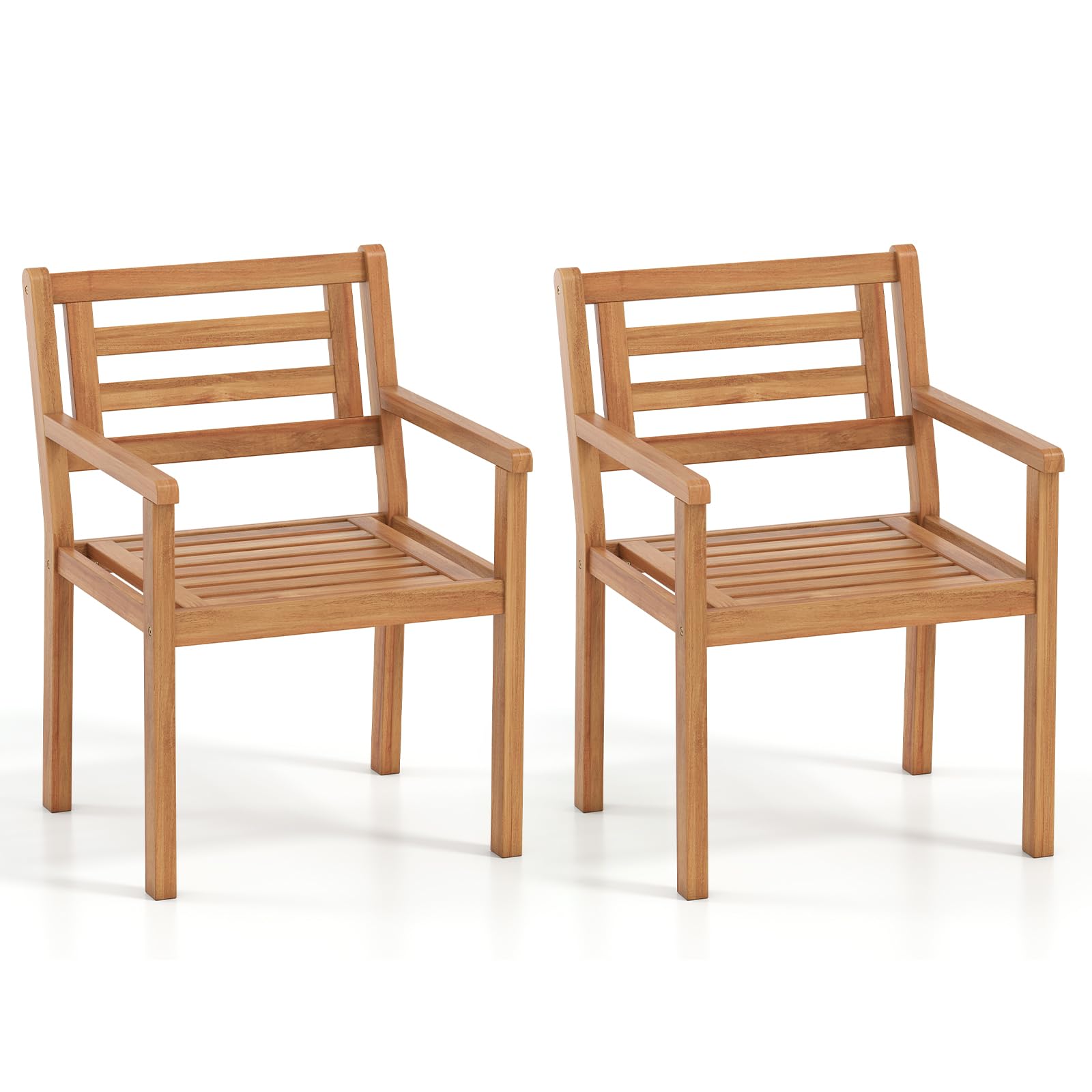 COSTWAY Lot de 2 Chaises de Jardin en Bois Acacia, Capacité 180 kg, Chaises Salle a Manger avec Accoudoirs, Dossier Incliné et Lattes, Fauteuil Exterieur pour Terrasse Patio Balcon, 56 x 56 x 80 cm