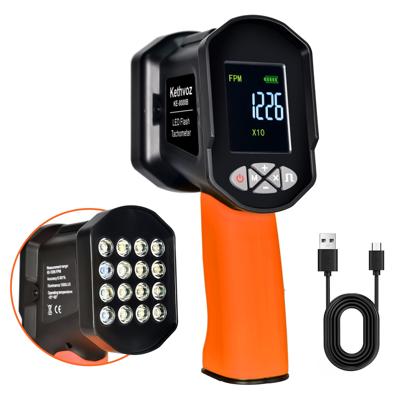 Digital Strobe Tachometer, Kethoz Handheld Stroboscope Speedometer Measure Motor Propeller Rotational Speed 60-100000 U/min mit 0.001%, Phasenanpassung, Akkubetrieben Non-Kontakt Stroboskop KE-8000B