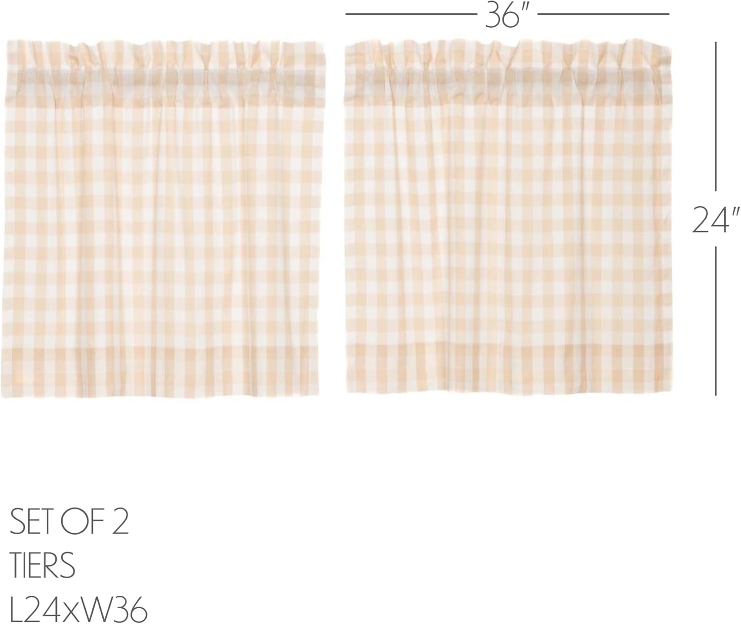 VHC Brands Annie Buffalo Check Kitchen Tier Set Farmhouse Cotton Window Treatment Curtain, 24x36, Tan