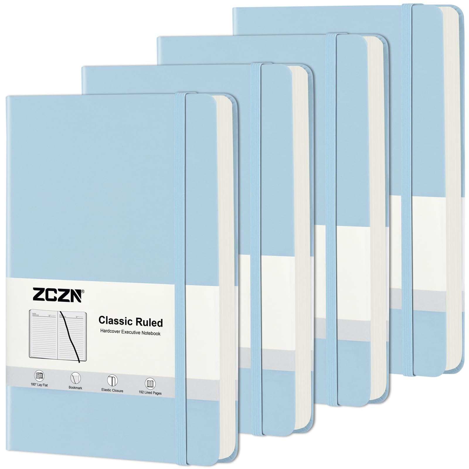 ZCZN A5 Lined Journal Notebooks, 4 Pack Hardcover Writing Notebooks for School, Work, Travel & Journaling, Light Blue