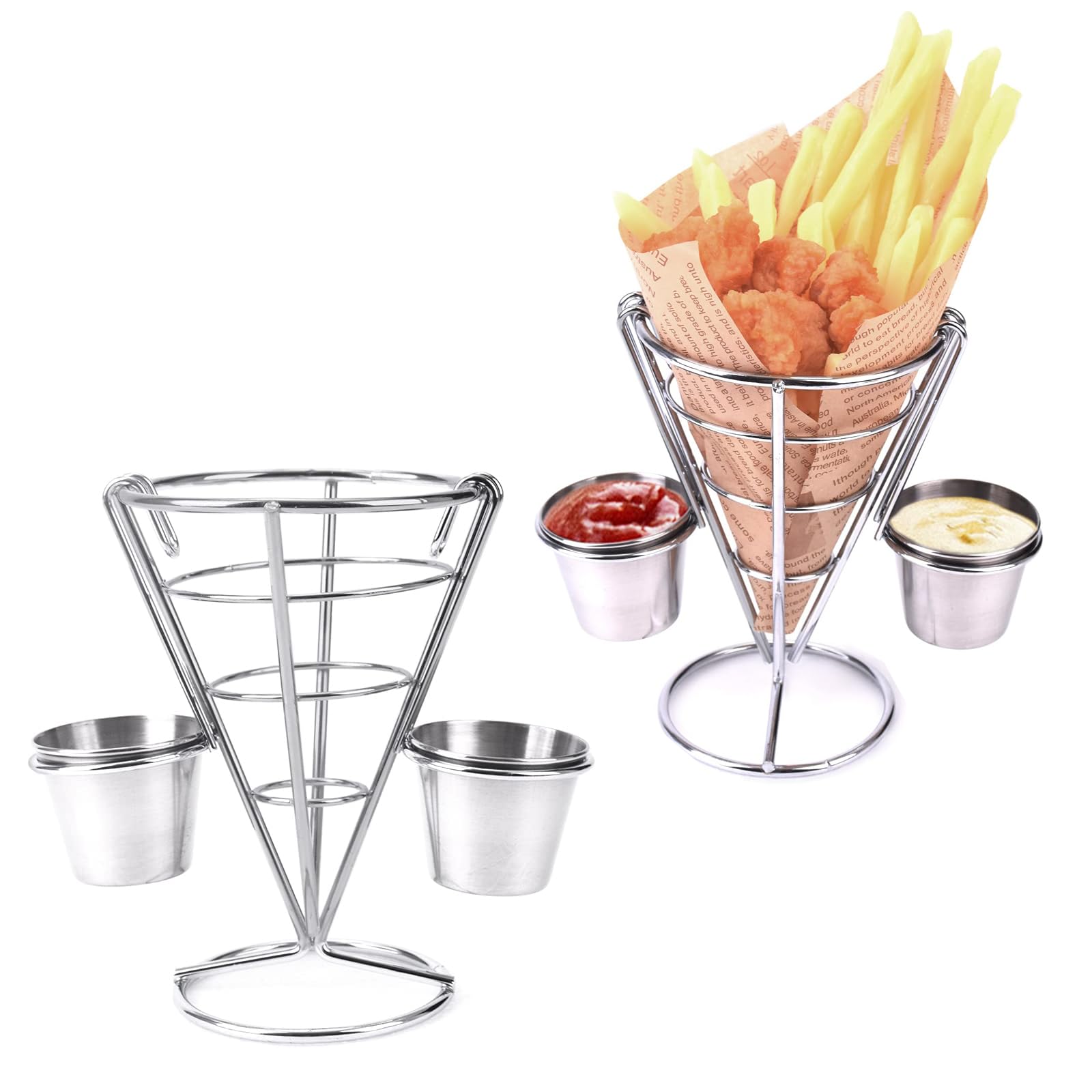 2 pezzi per patatine fritte con doppio supporto per salse, in acciaio inox, porta pesce e chip, per ristoranti e caffè.