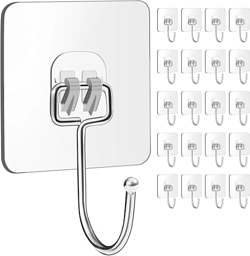 Paquete de 20 ganchos de pared adhesivos grandes resistentes de 33 libras (máximo), ganchos de pared transparentes impermeables para colgar ganchos