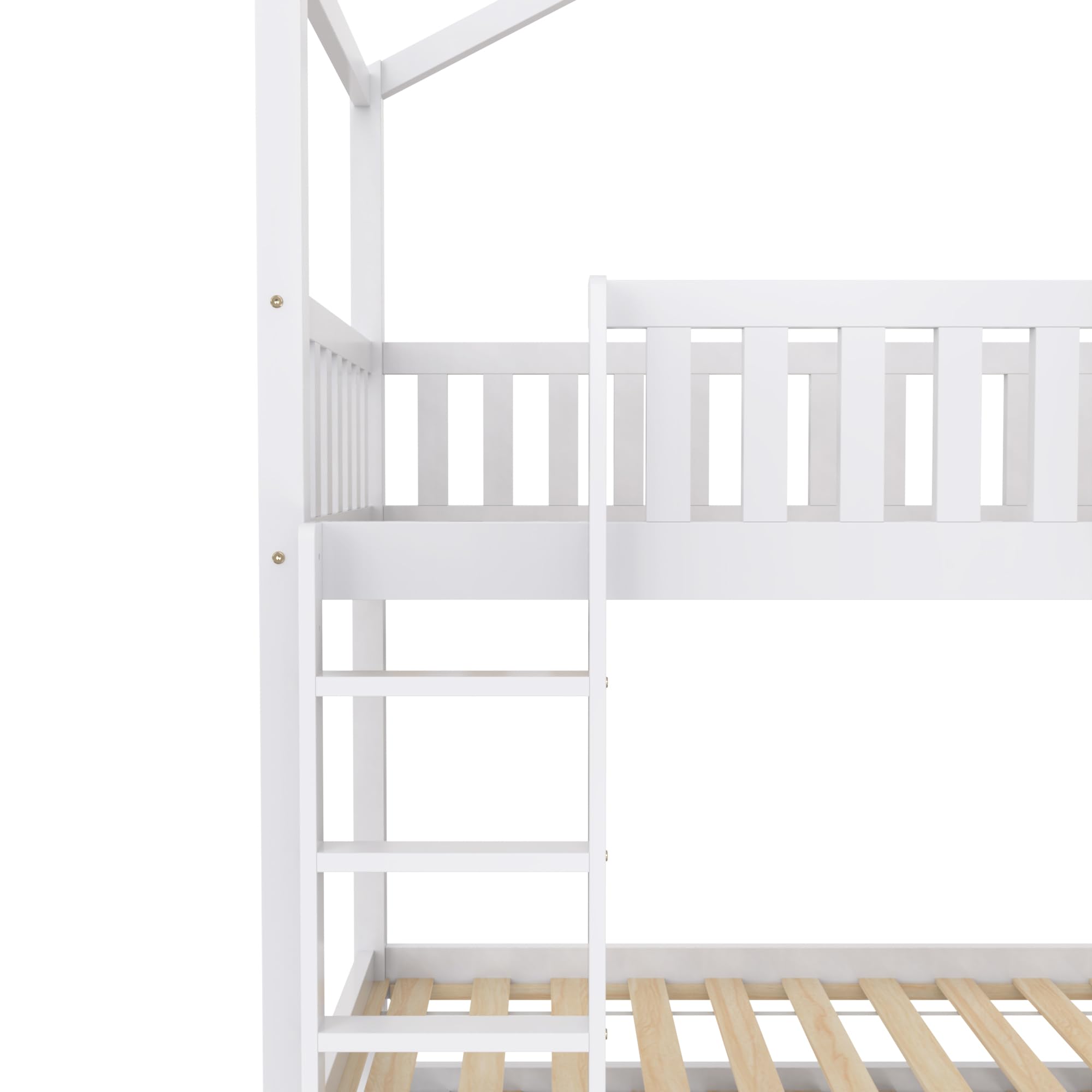 Azkoeesy Letto a Castello con Letto Estraibile per 3 bambini, design a forma di casa, con scale di sicurezza e protezione anticaduta, base per 3 letto, legno di pino, bianco - N634W0001A