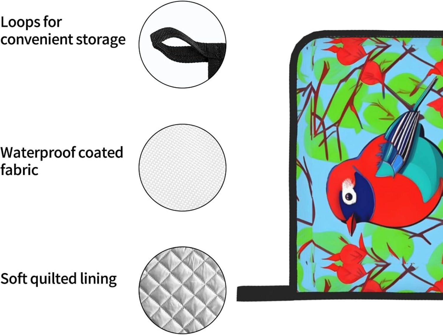 Colorful Birds Oven gloves and heat-resistant mat 4-piece set. Suitable for grilling, microwave oven frying, and baking
