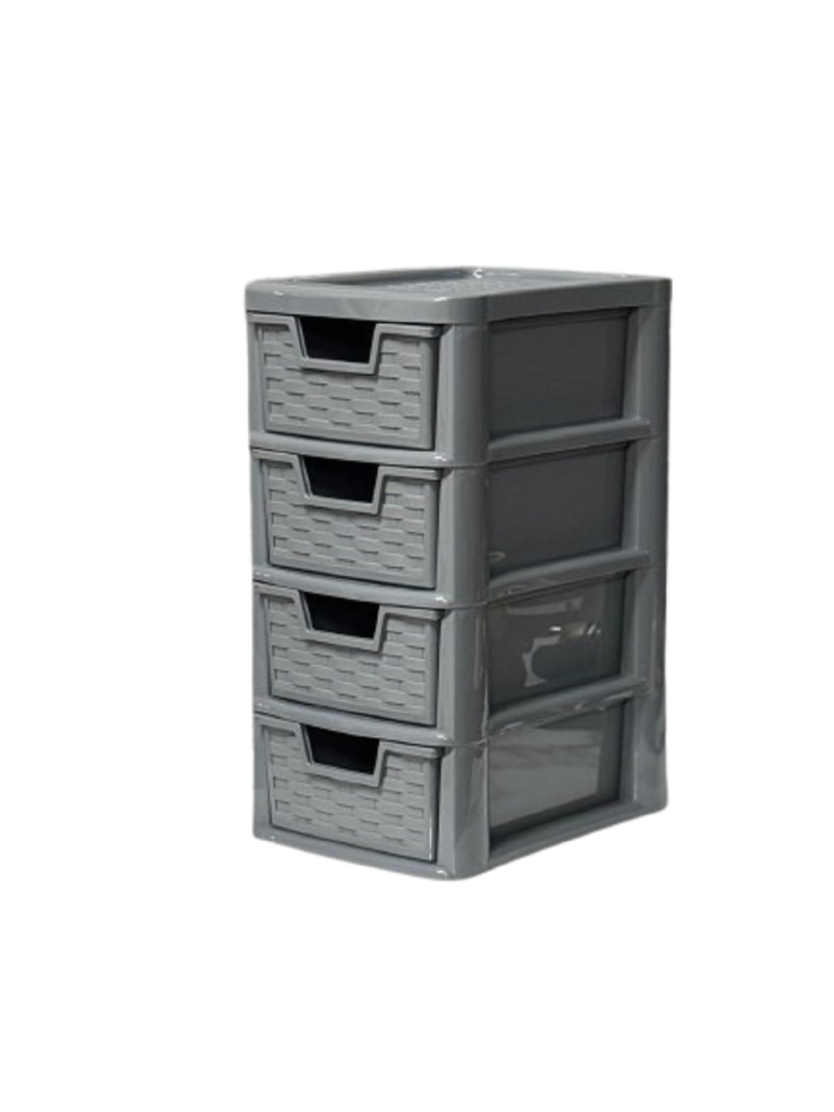 Khanary Grey Storage Drawer Unit 4 Tier | S/Mini Rattan Plastic Chest Tower Cabinet Trolley |Tabletop Desktop Organizer Crafts Files Paperwork Home Kids Bedroom Kitchen Office School | 26 D X 19 W X 38 H Cm