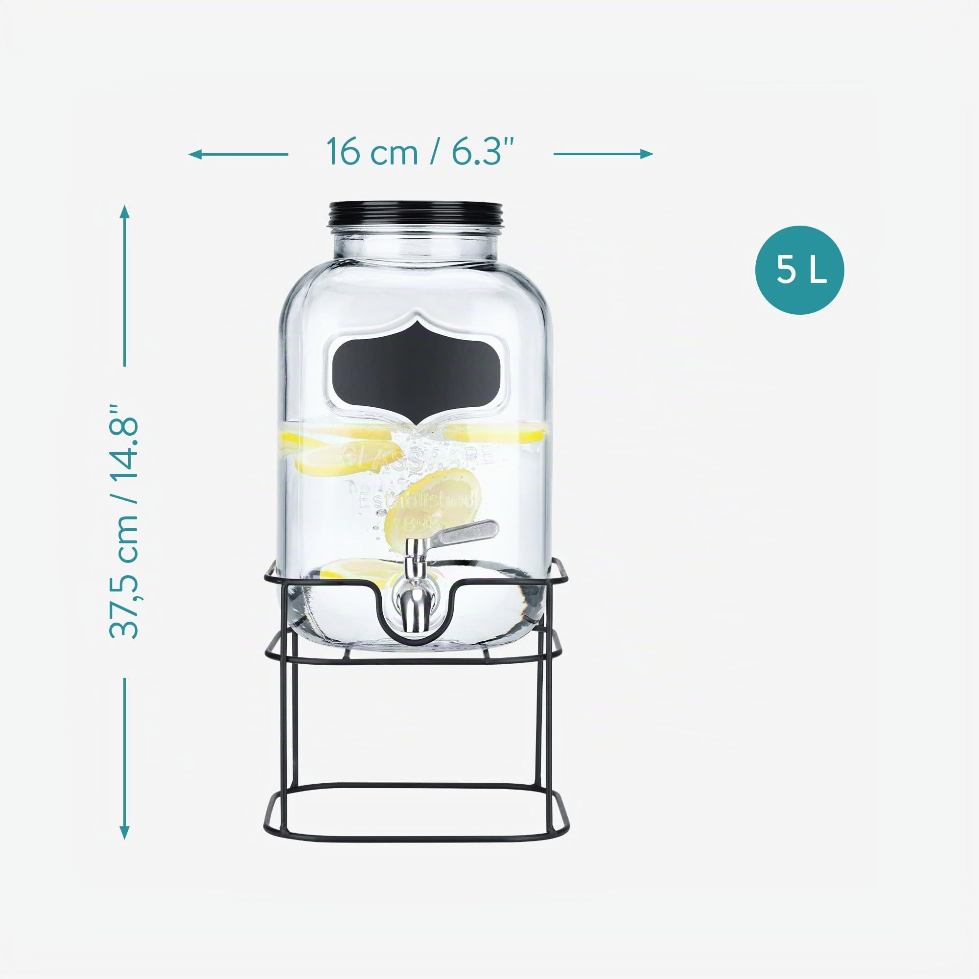 Navaris Dispensador de Bebidas con Grifo - Recipiente de Vidrio de 5 L - Botella de Cristal con Base metálica - Garrafa de Cristal con dosificador