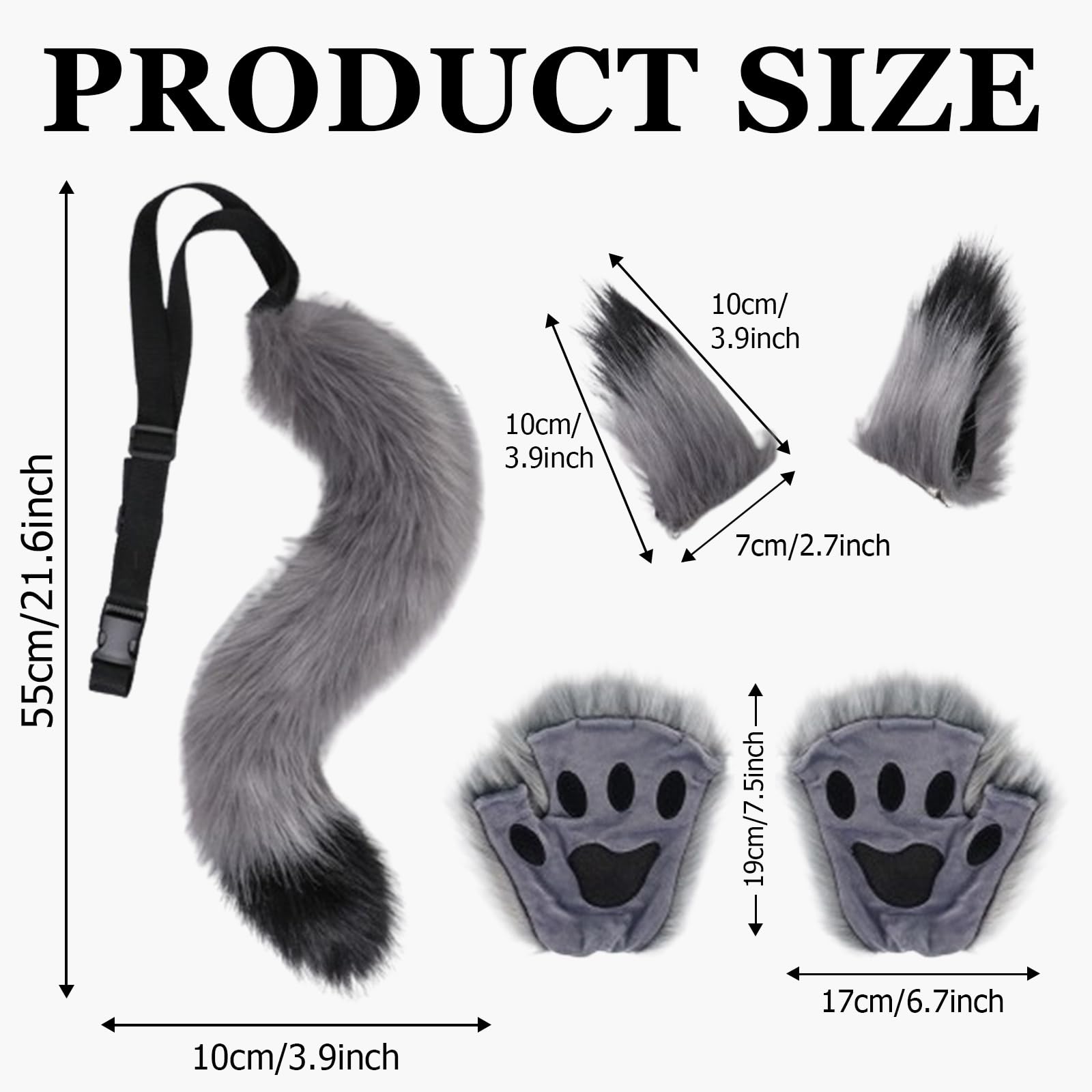 Hyuetrsa Wolf Fox Tail Hair Clips Ears and Gloves Set Halloween Party Werewolf Set Wolf Tail Clip Plush Ears and Gloves Wolf Ears and Tail Set Dress Up Cosplay Costume